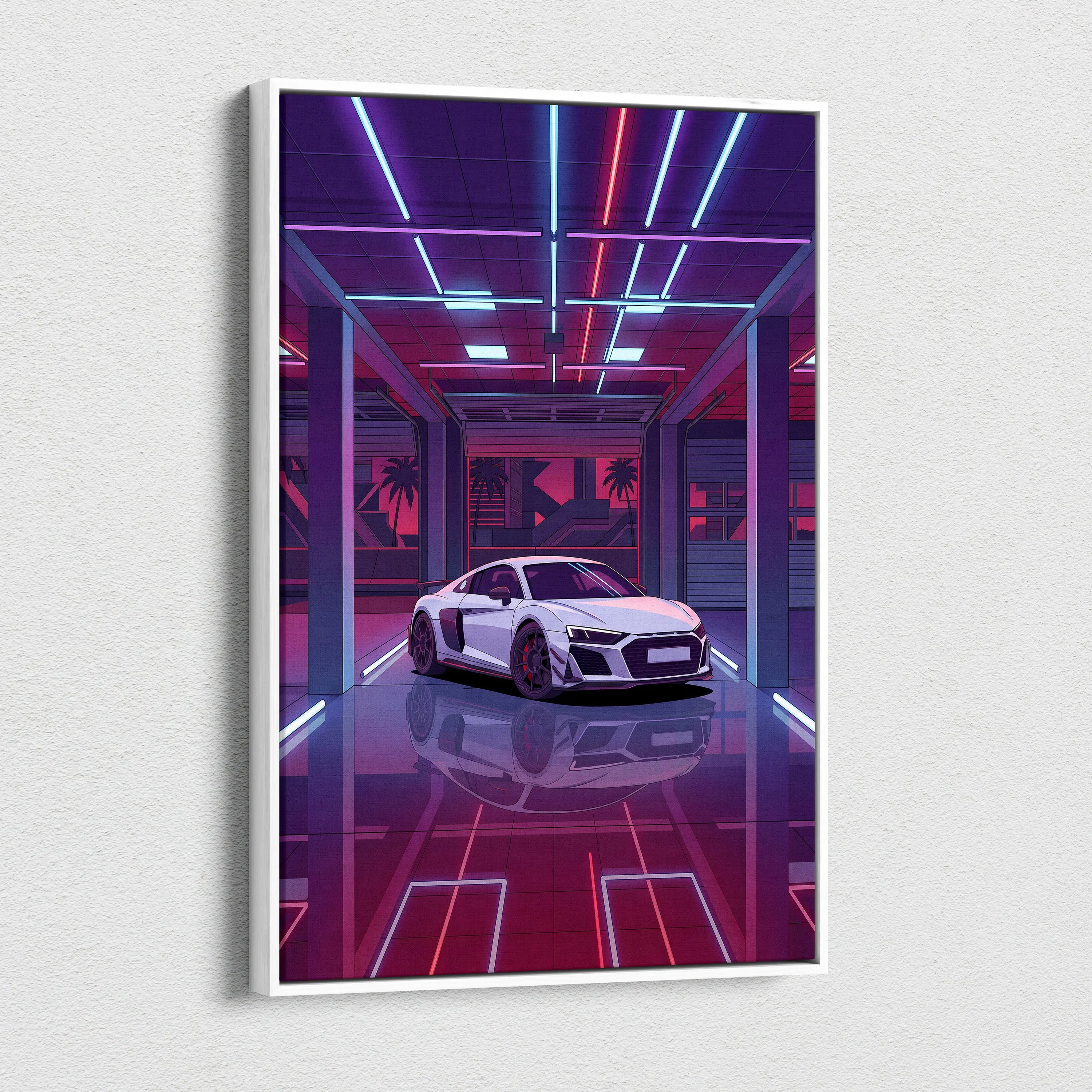 Audi R8 Vaporwave Canvas - Car Neon Purple Pink Blue Living Room Vaporwave | Nostalgic Retro Cyberpunk Canvas Print