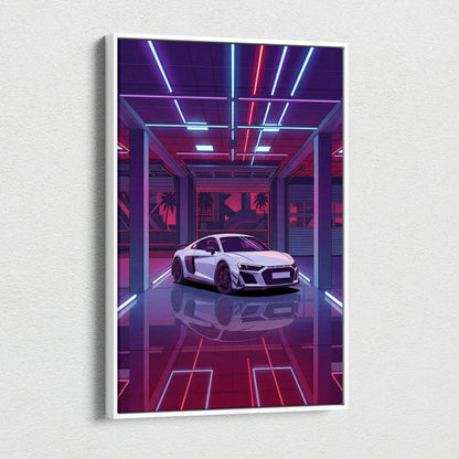 Audi R8 Vaporwave Canvas - Car Neon Purple Pink Blue Living Room Vaporwave | Nostalgic Retro Cyberpunk Canvas Print