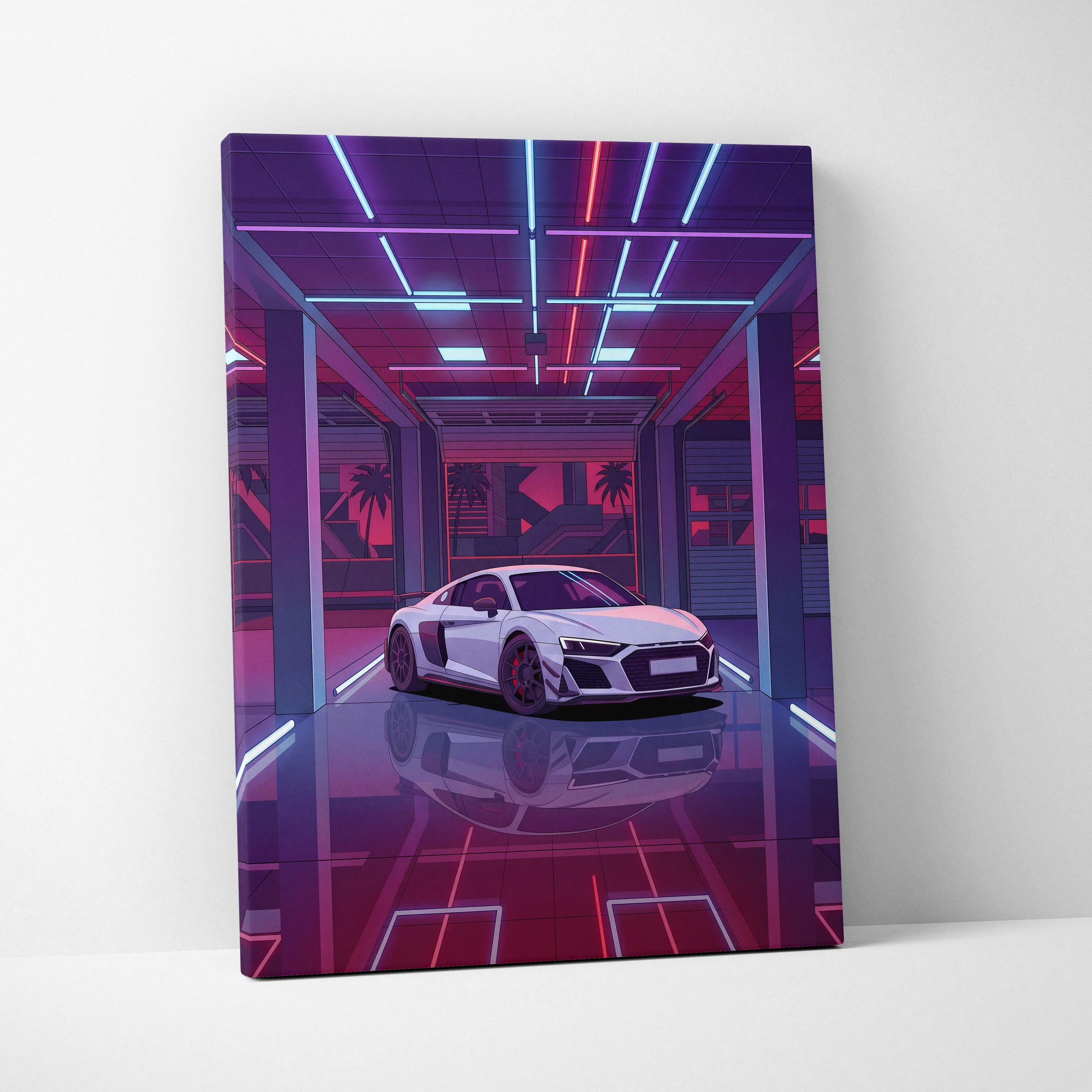 Audi R8 Vaporwave Canvas - Car Neon Purple Pink Blue Living Room Vaporwave | Nostalgic Retro Cyberpunk Canvas Print