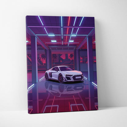 Audi R8 Vaporwave Canvas - Car Neon Purple Pink Blue Living Room Vaporwave | Nostalgic Retro Cyberpunk Canvas Print