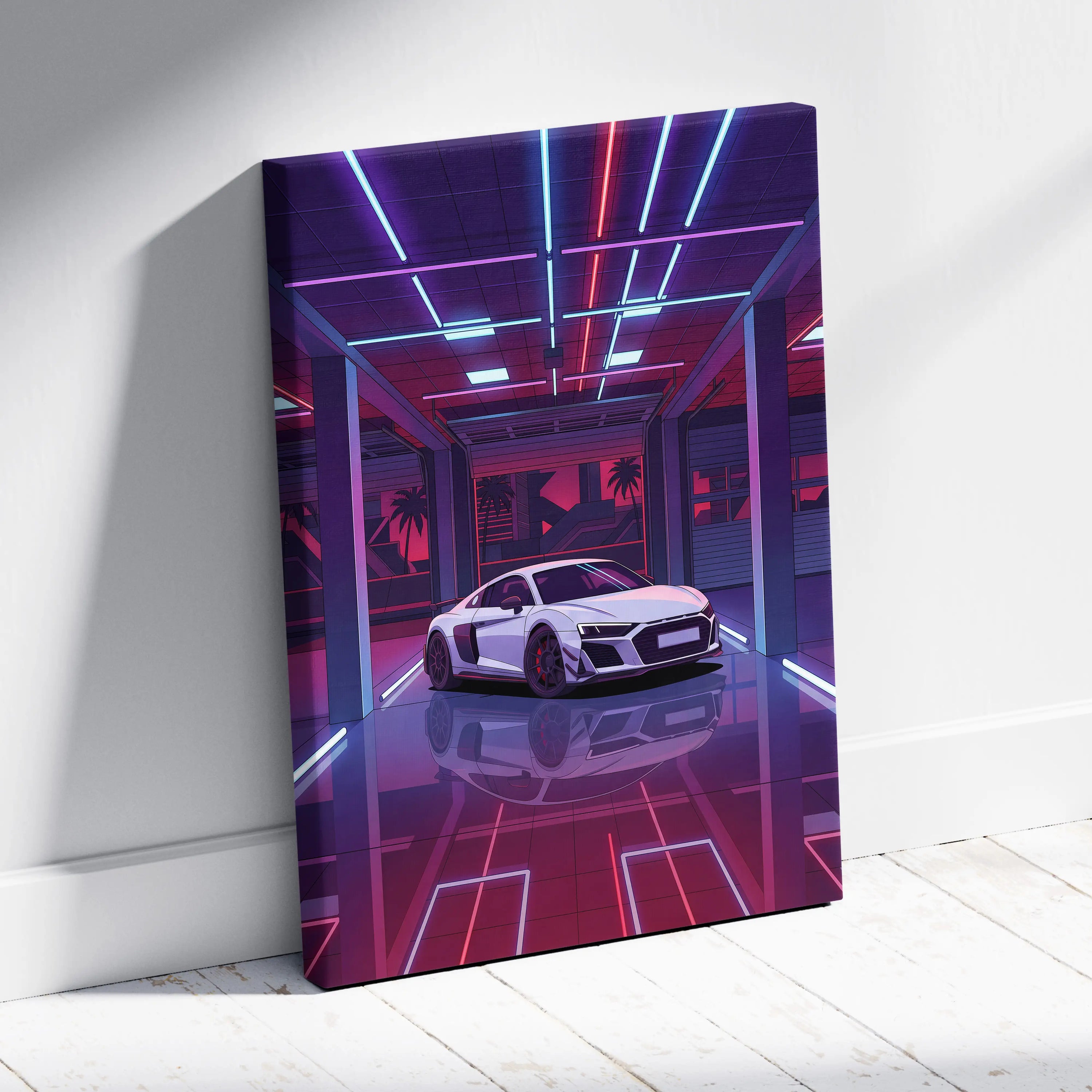 Audi R8 Vaporwave Canvas - Car Neon Purple Pink Blue Living Room Vaporwave | Nostalgic Retro Cyberpunk Canvas Print
