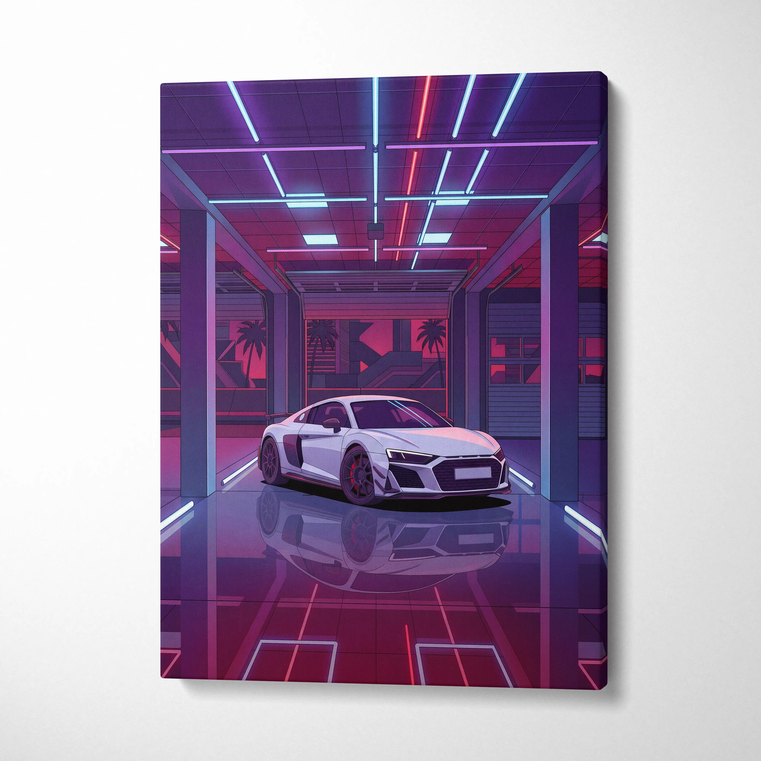 Audi R8 Vaporwave Canvas - Car Neon Purple Pink Blue Living Room Vaporwave | Nostalgic Retro Cyberpunk Canvas Print