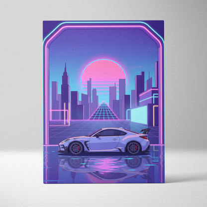 Toyota GR86 Inspired White Purple Canvas Wall Art Vaporwave Sports Car Artwork Neon City Garage Decor Retro Futuristic JDM Print
