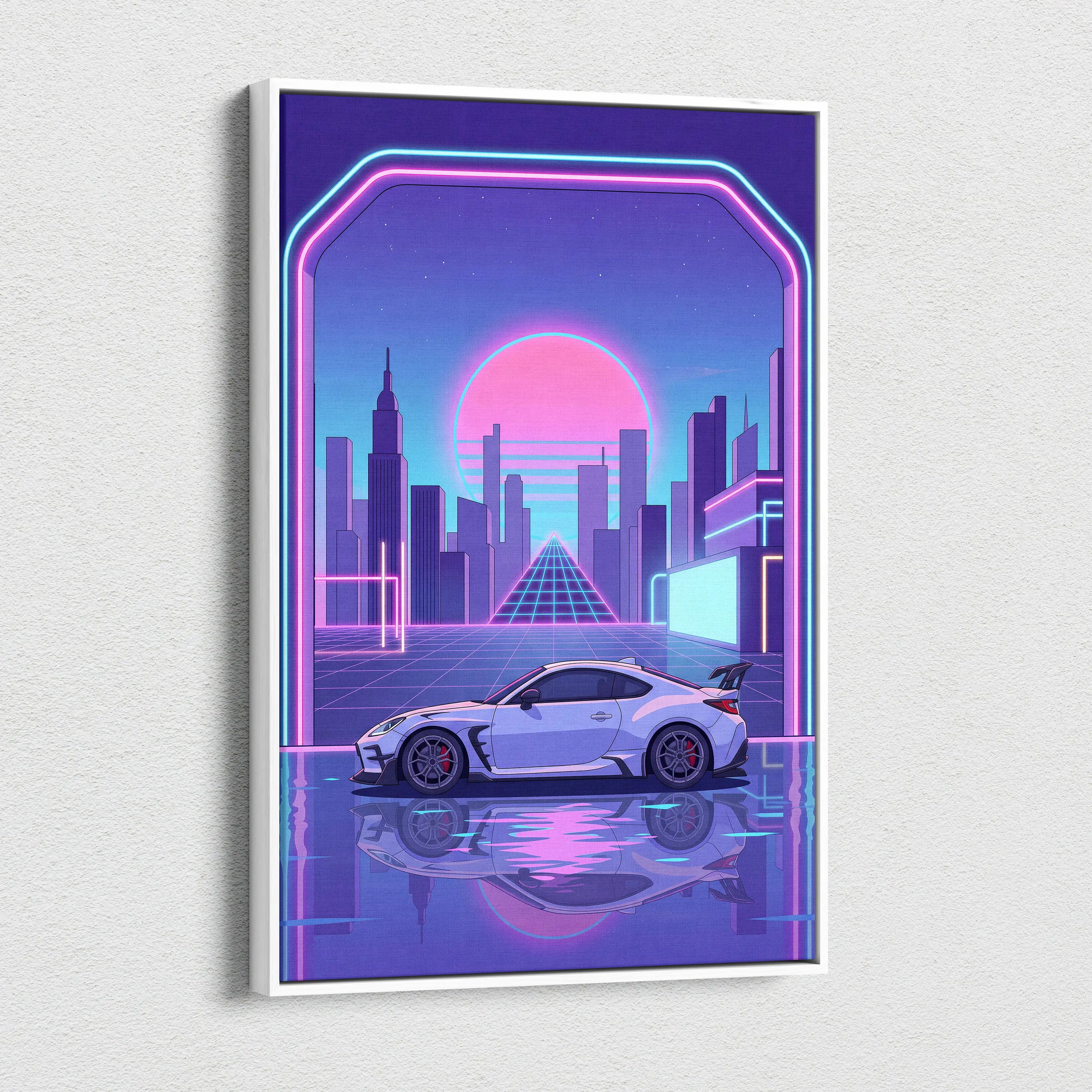 Toyota GR86 Inspired White Purple Canvas Wall Art Vaporwave Sports Car Artwork Neon City Garage Decor Retro Futuristic JDM Print