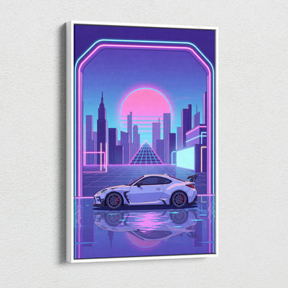 Toyota GR86 Inspired White Purple Canvas Wall Art Vaporwave Sports Car Artwork Neon City Garage Decor Retro Futuristic JDM Print