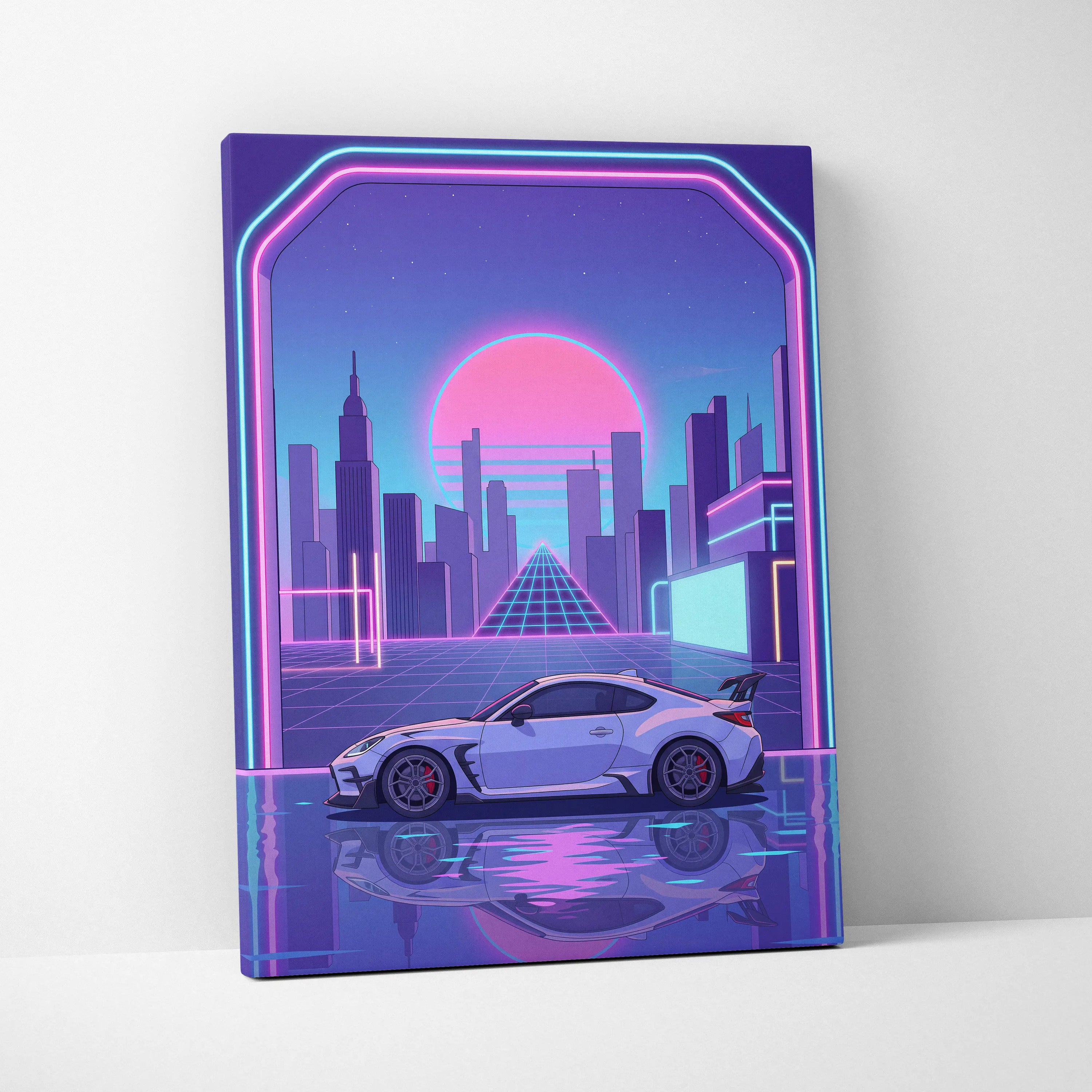 Toyota GR86 Inspired White Purple Canvas Wall Art Vaporwave Sports Car Artwork Neon City Garage Decor Retro Futuristic JDM Print