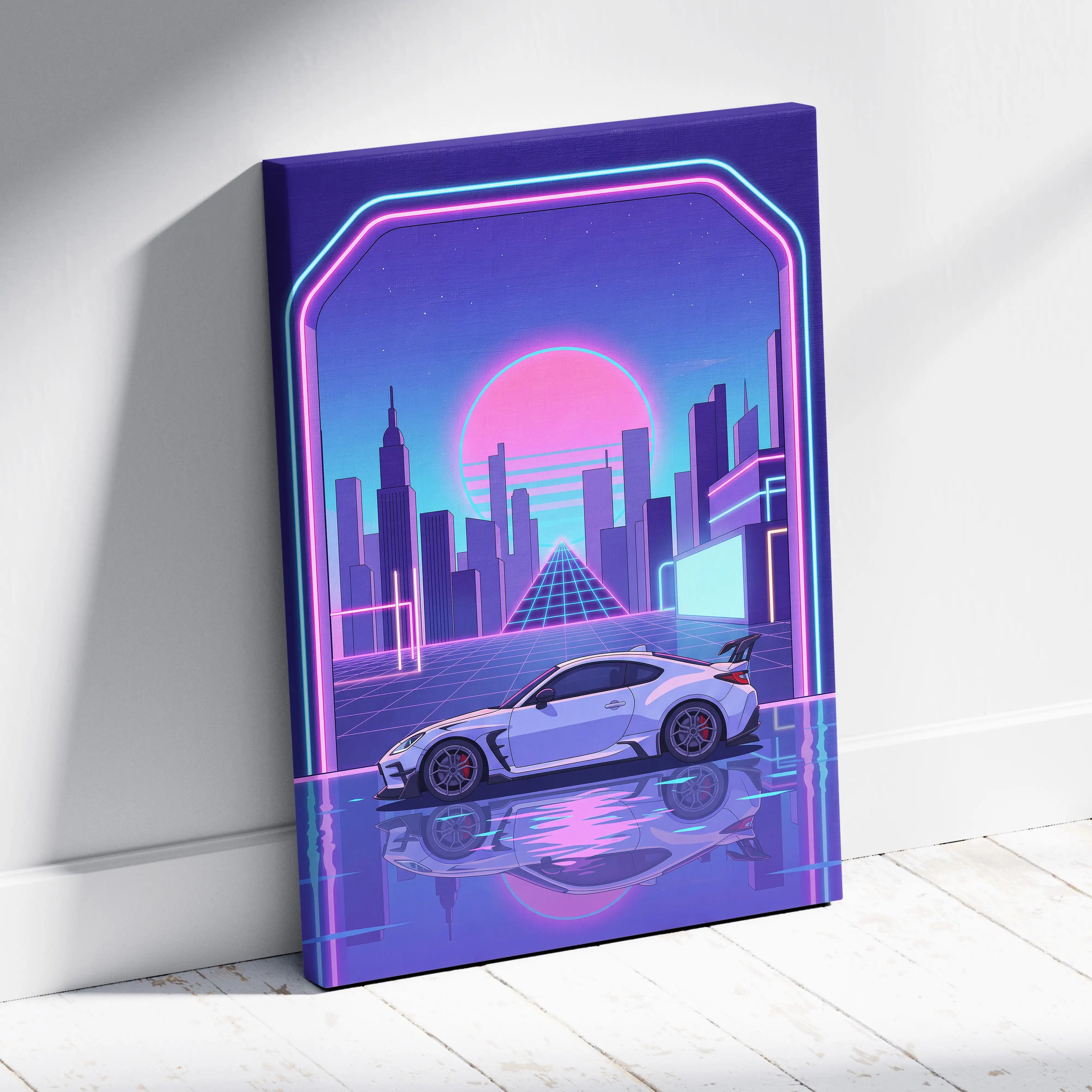 Toyota GR86 Inspired White Purple Canvas Wall Art Vaporwave Sports Car Artwork Neon City Garage Decor Retro Futuristic JDM Print