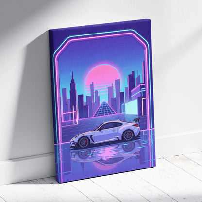 Toyota GR86 Inspired White Purple Canvas Wall Art Vaporwave Sports Car Artwork Neon City Garage Decor Retro Futuristic JDM Print