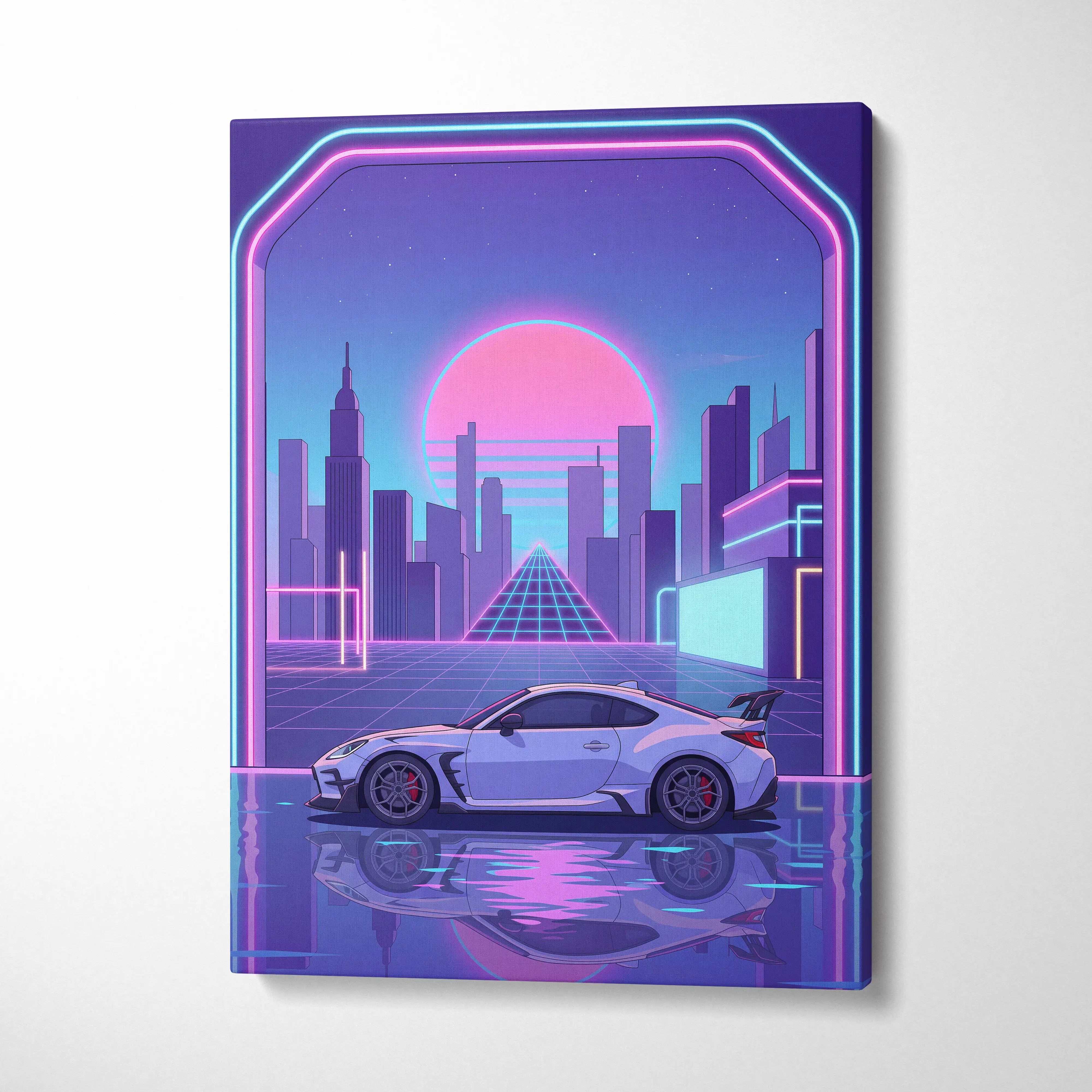Toyota GR86 Inspired White Purple Canvas Wall Art Vaporwave Sports Car Artwork Neon City Garage Decor Retro Futuristic JDM Print