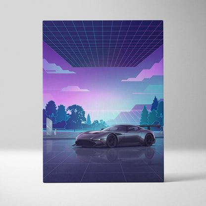 Aston Martin Vulcan Inspired Gray Purple Canvas Wall Art Vaporwave Supercar Artwork Neon Grid Garage Decor Retro Futuristic Motorsport Print