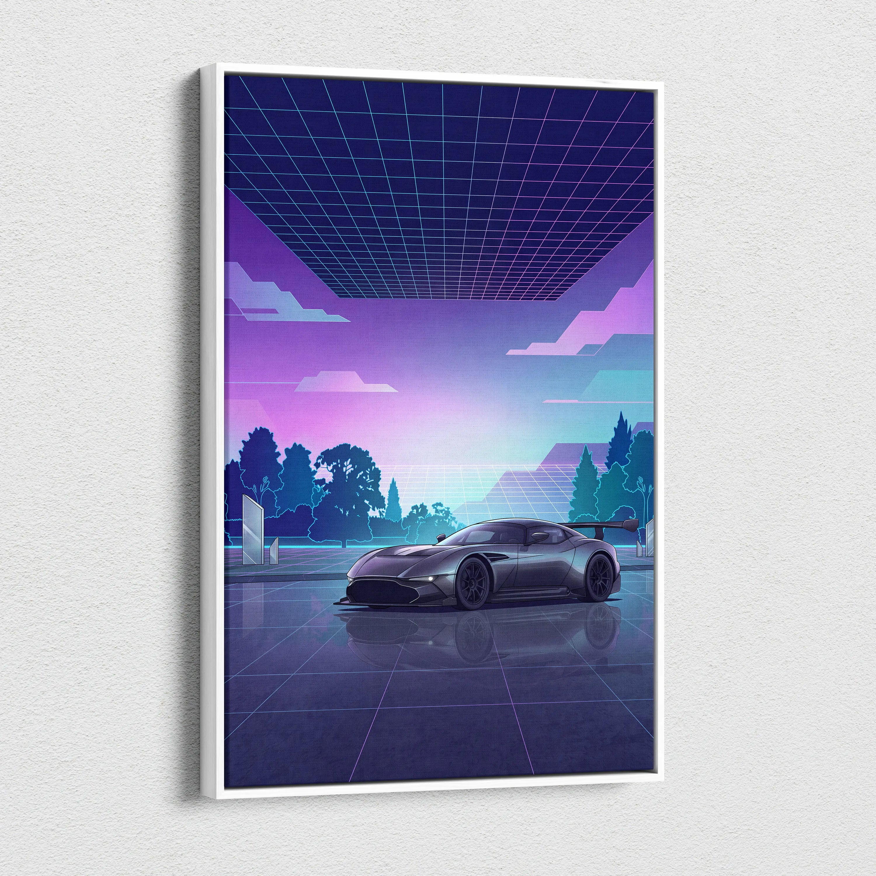 Aston Martin Vulcan Inspired Gray Purple Canvas Wall Art Vaporwave Supercar Artwork Neon Grid Garage Decor Retro Futuristic Motorsport Print