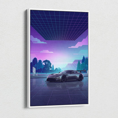 Aston Martin Vulcan Inspired Gray Purple Canvas Wall Art Vaporwave Supercar Artwork Neon Grid Garage Decor Retro Futuristic Motorsport Print