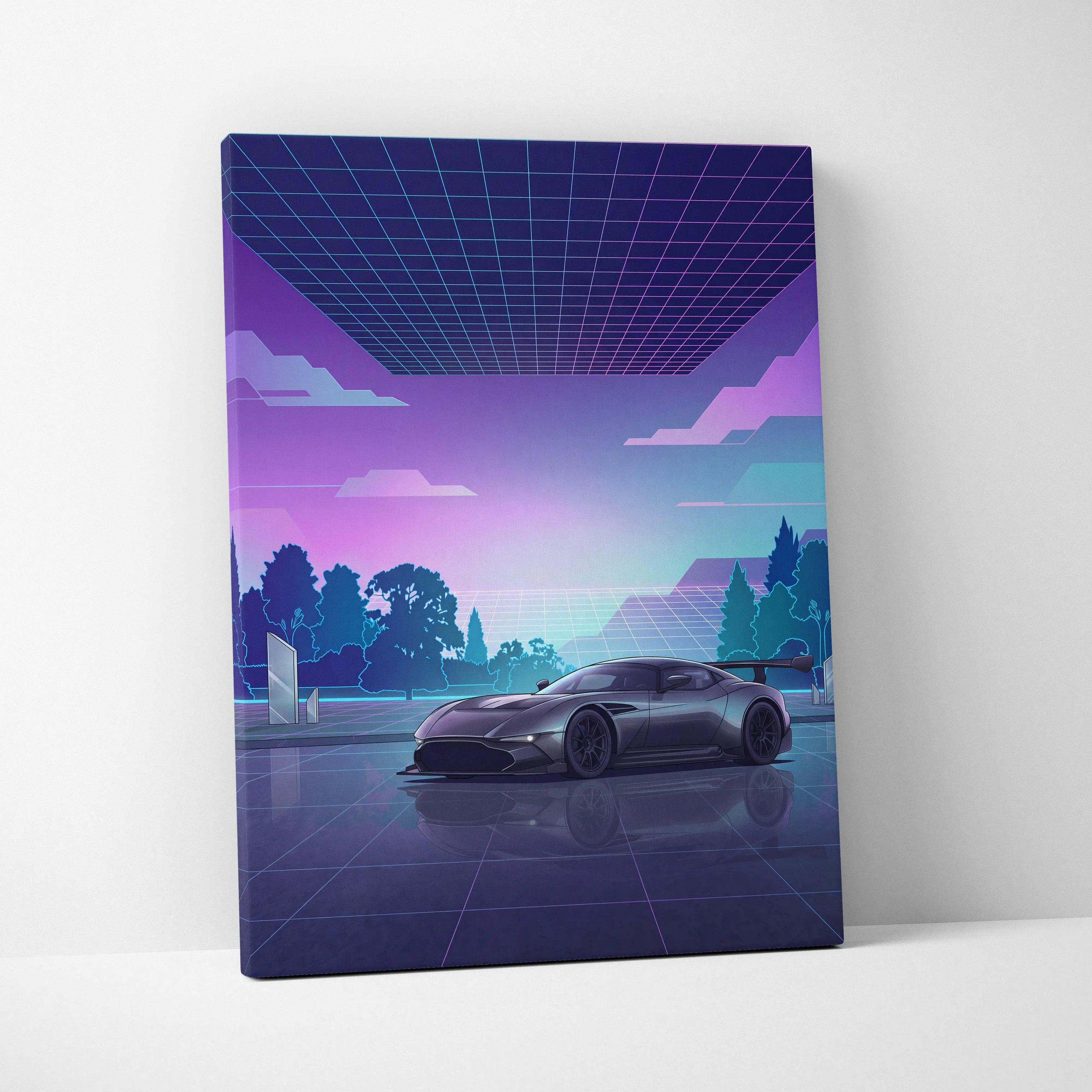 Aston Martin Vulcan Inspired Gray Purple Canvas Wall Art Vaporwave Supercar Artwork Neon Grid Garage Decor Retro Futuristic Motorsport Print