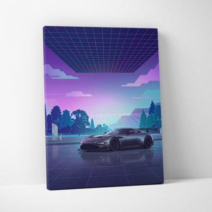 Aston Martin Vulcan Inspired Gray Purple Canvas Wall Art Vaporwave Supercar Artwork Neon Grid Garage Decor Retro Futuristic Motorsport Print