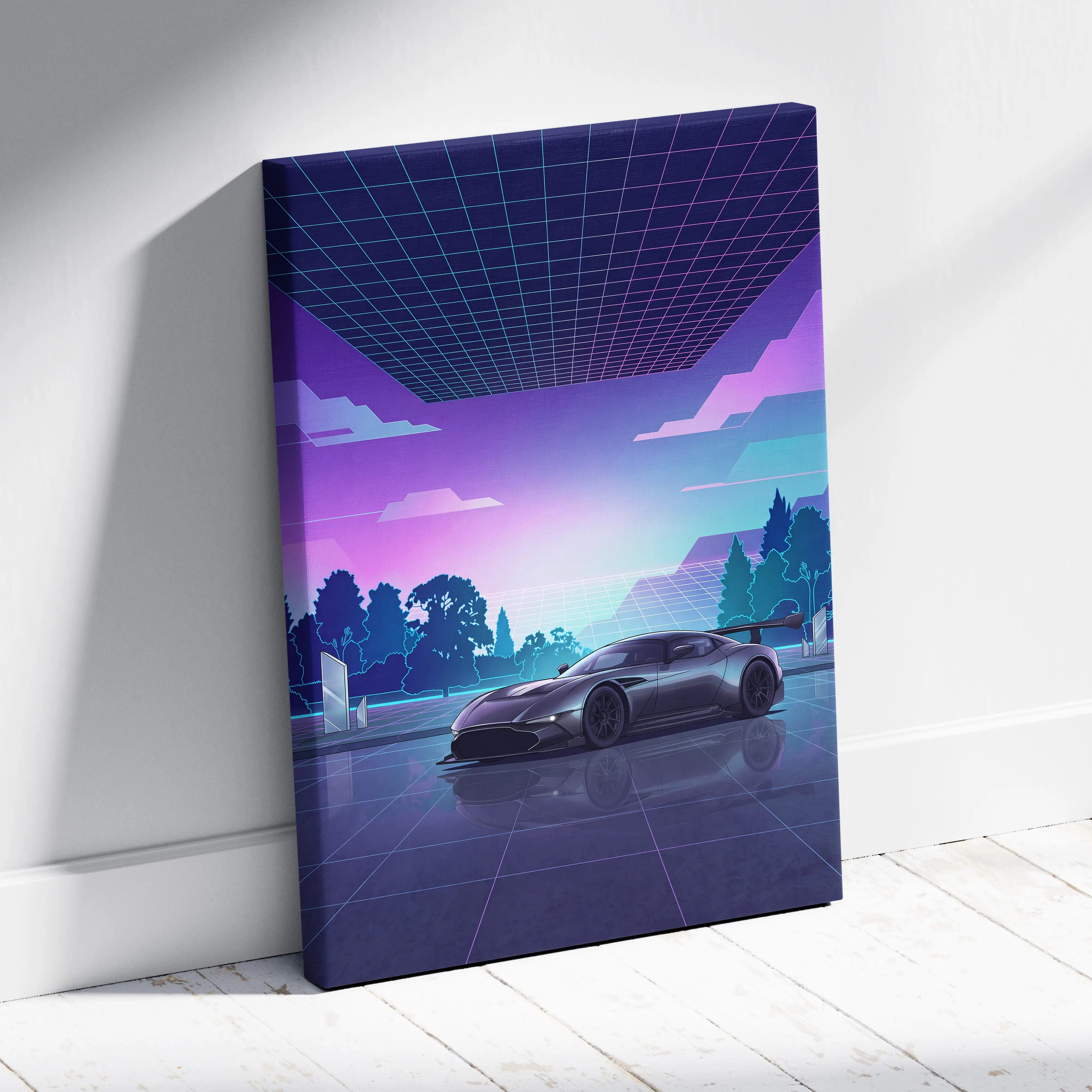 Aston Martin Vulcan Inspired Gray Purple Canvas Wall Art Vaporwave Supercar Artwork Neon Grid Garage Decor Retro Futuristic Motorsport Print