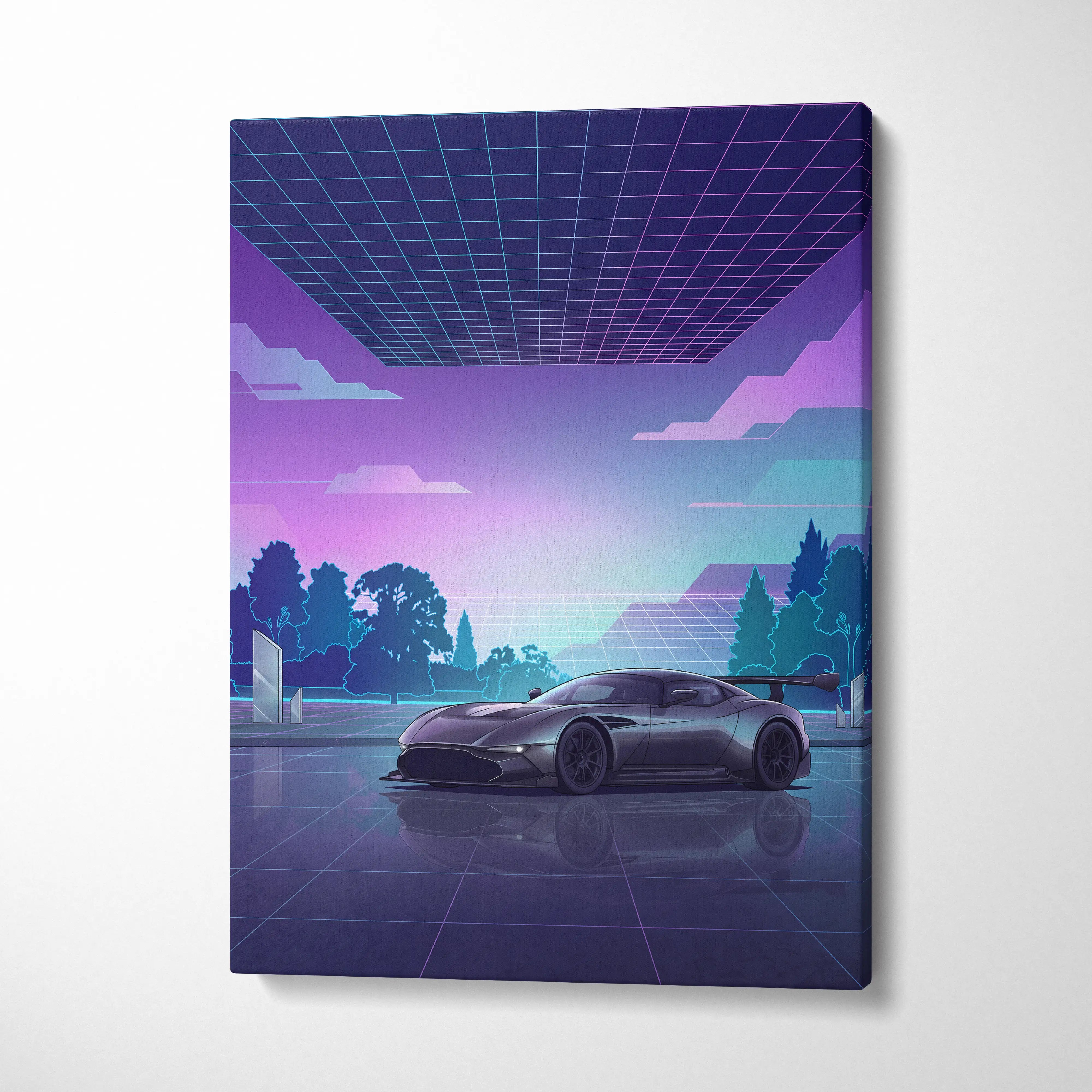 Aston Martin Vulcan Inspired Gray Purple Canvas Wall Art Vaporwave Supercar Artwork Neon Grid Garage Decor Retro Futuristic Motorsport Print