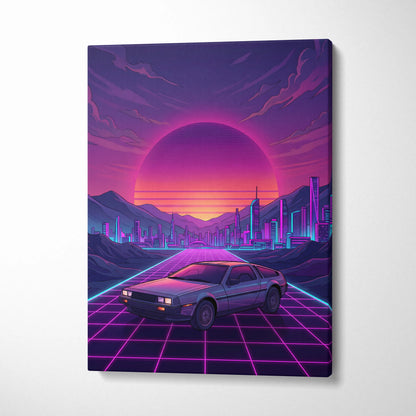 DeLorean DMC-12 Inspired Silver Purple Canvas Wall Art, Vaporwave Neon Grid City Decor, Retro Futuristic Sports Car Artwork