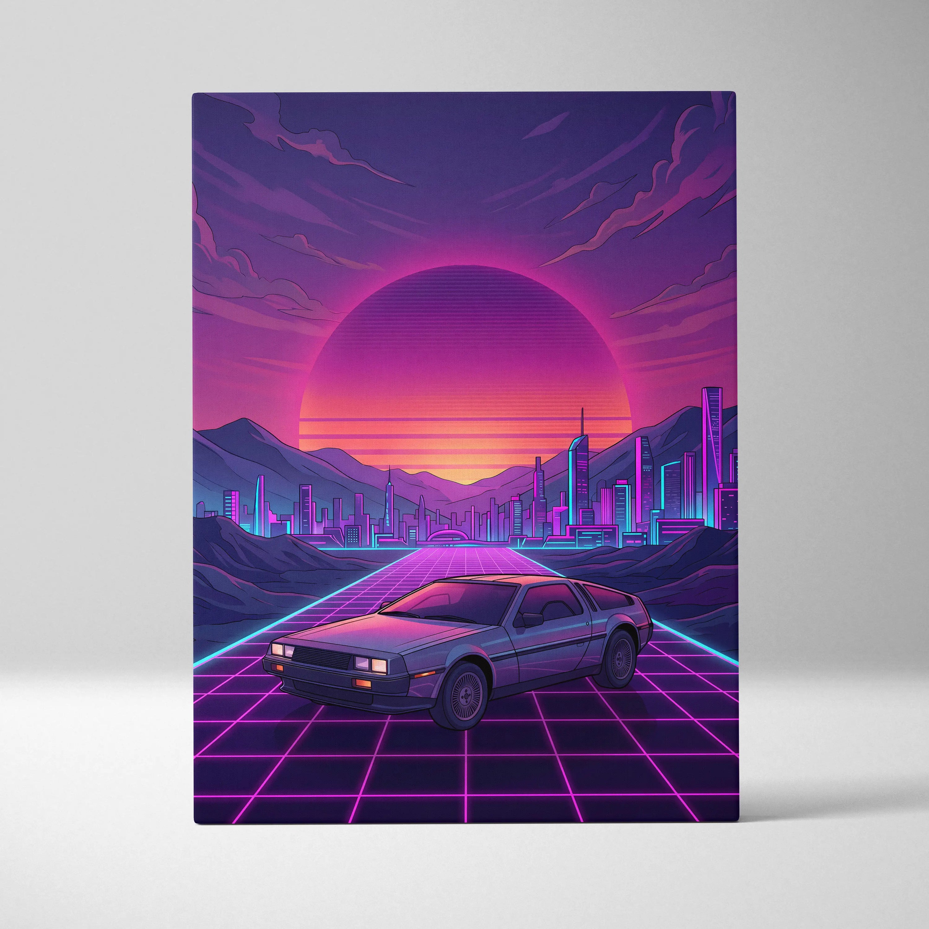 DeLorean DMC-12 Inspired Silver Purple Canvas Wall Art, Vaporwave Neon Grid City Decor, Retro Futuristic Sports Car Artwork