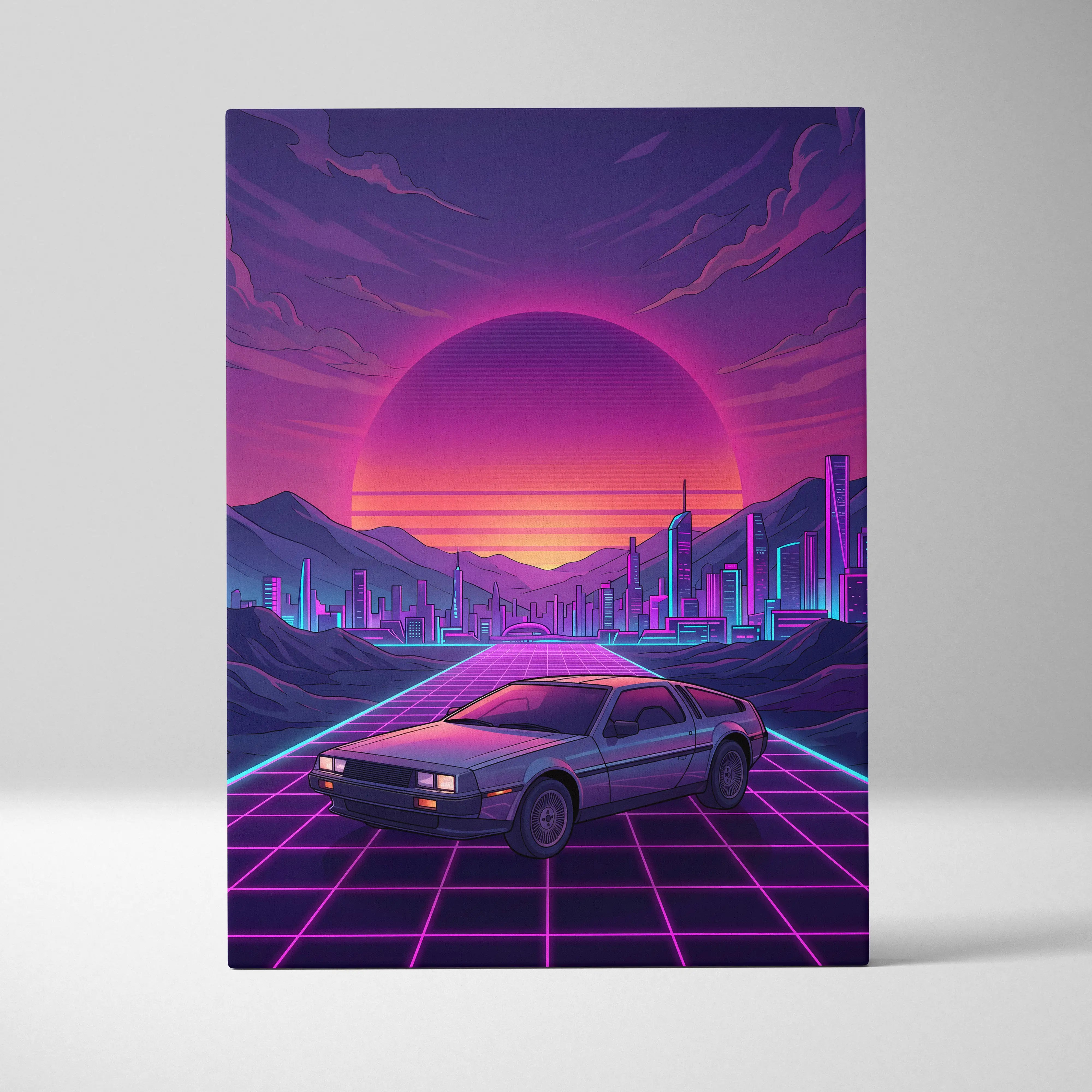 DeLorean DMC-12 Inspired Silver Purple Canvas Wall Art, Vaporwave Neon Grid City Decor, Retro Futuristic Sports Car Artwork