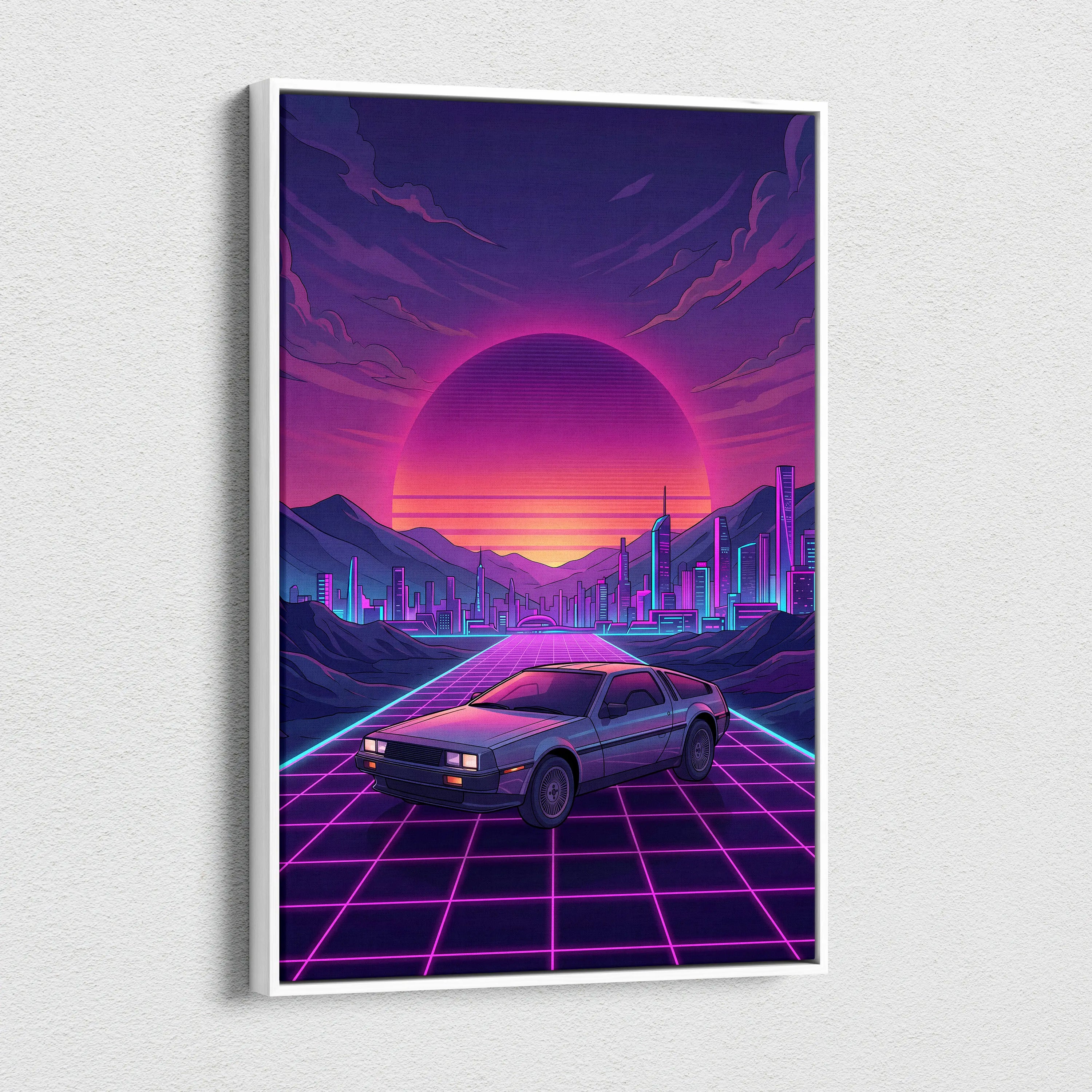 DeLorean DMC-12 Inspired Silver Purple Canvas Wall Art, Vaporwave Neon Grid City Decor, Retro Futuristic Sports Car Artwork