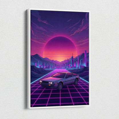 DeLorean DMC-12 Inspired Silver Purple Canvas Wall Art, Vaporwave Neon Grid City Decor, Retro Futuristic Sports Car Artwork