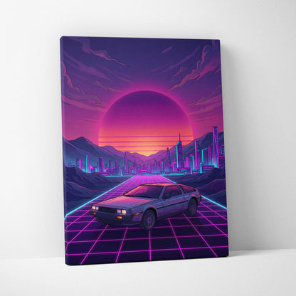 DeLorean DMC-12 Inspired Silver Purple Canvas Wall Art, Vaporwave Neon Grid City Decor, Retro Futuristic Sports Car Artwork