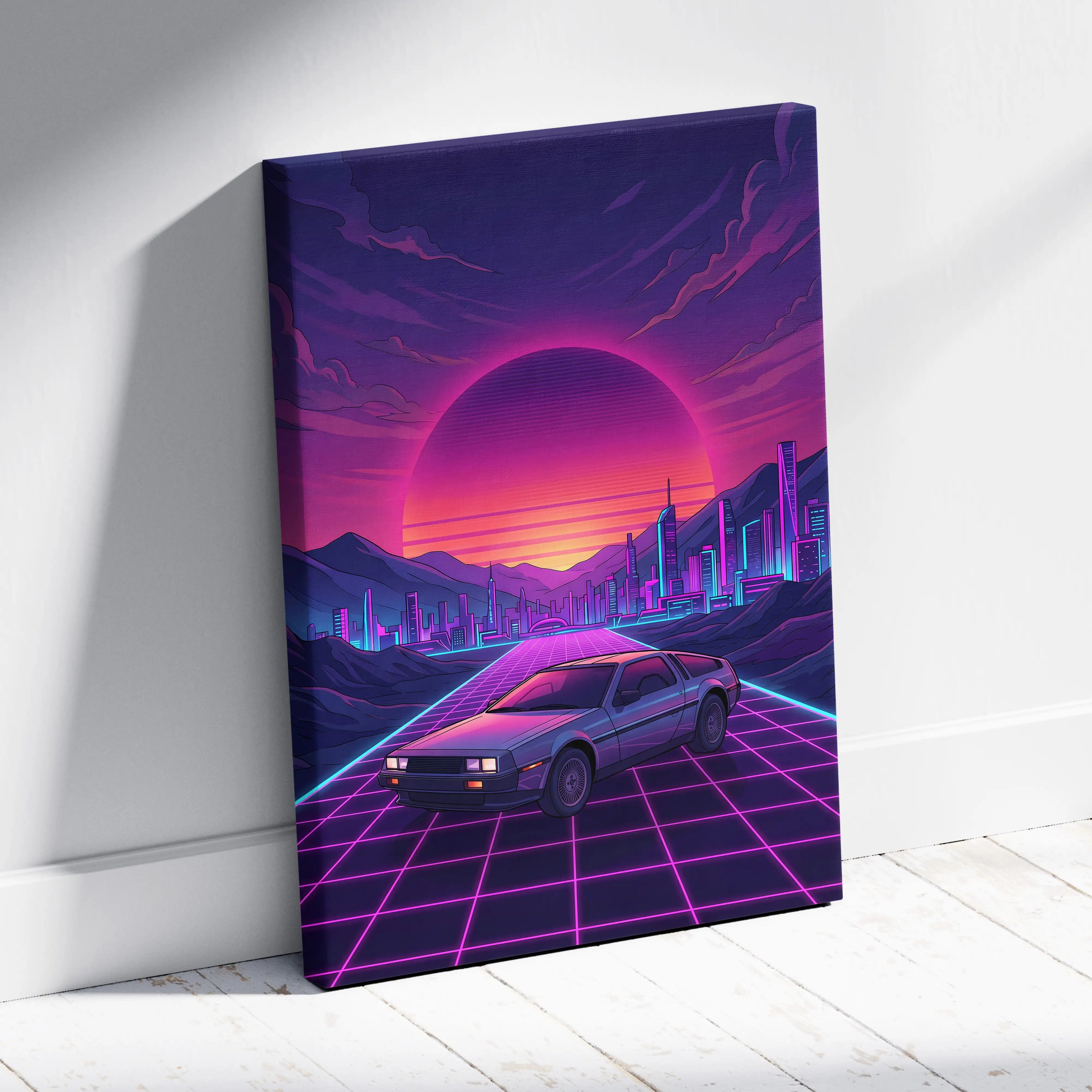 DeLorean DMC-12 Inspired Silver Purple Canvas Wall Art, Vaporwave Neon Grid City Decor, Retro Futuristic Sports Car Artwork