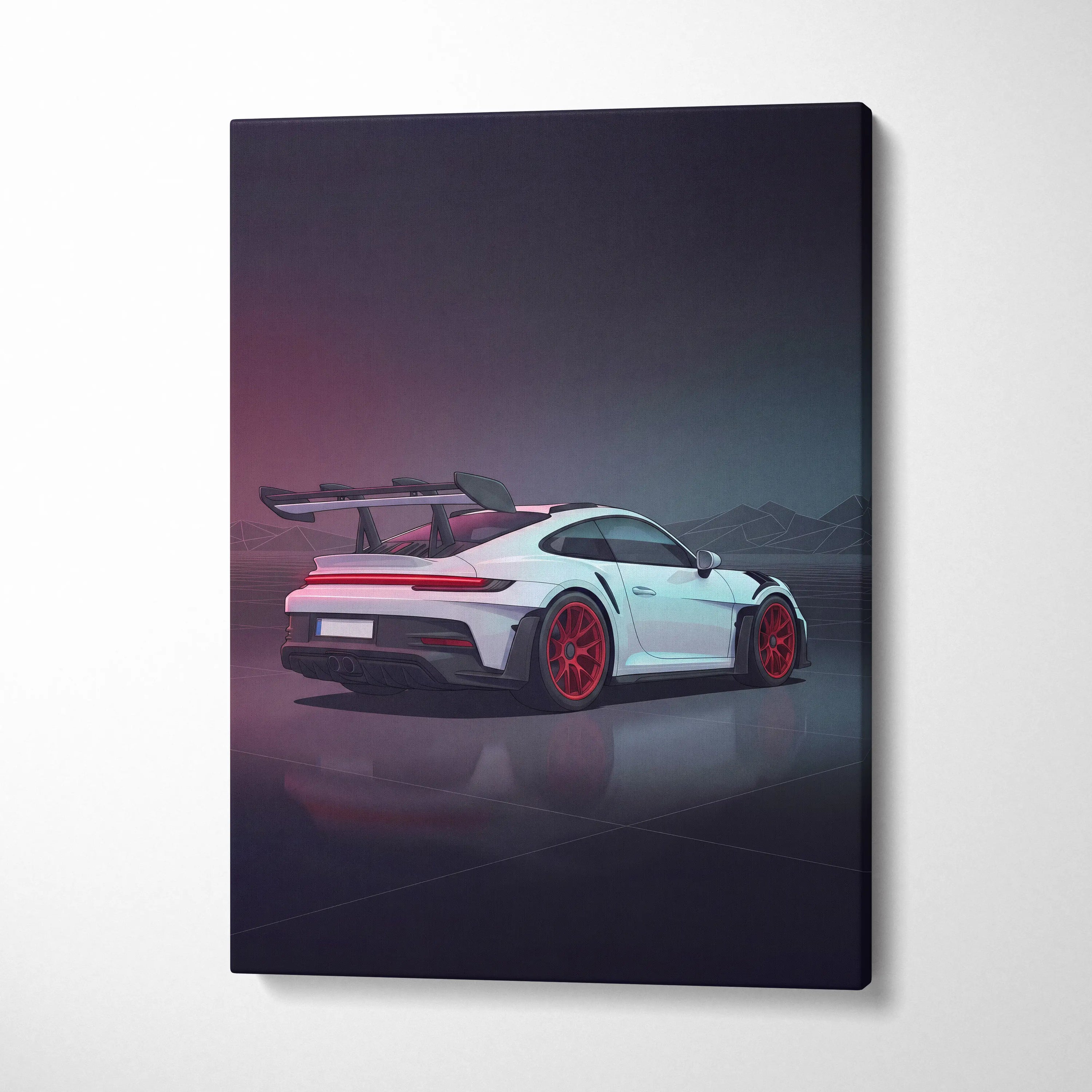 Porsche 911 GT3 RS Inspired White Red Canvas Wall Art, Vaporwave Track Car Artwork, Neon Garage Decor, Retro Futuristic Motorsport Print
