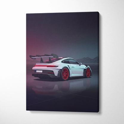 Porsche 911 GT3 RS Inspired White Red Canvas Wall Art, Vaporwave Track Car Artwork, Neon Garage Decor, Retro Futuristic Motorsport Print