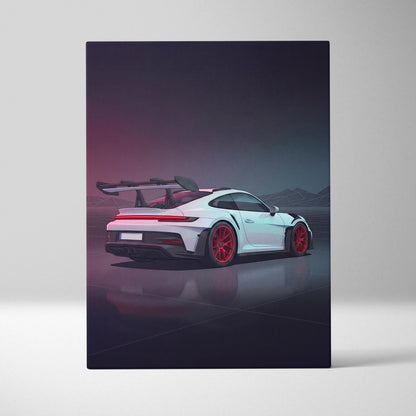 Porsche 911 GT3 RS Inspired White Red Canvas Wall Art, Vaporwave Track Car Artwork, Neon Garage Decor, Retro Futuristic Motorsport Print