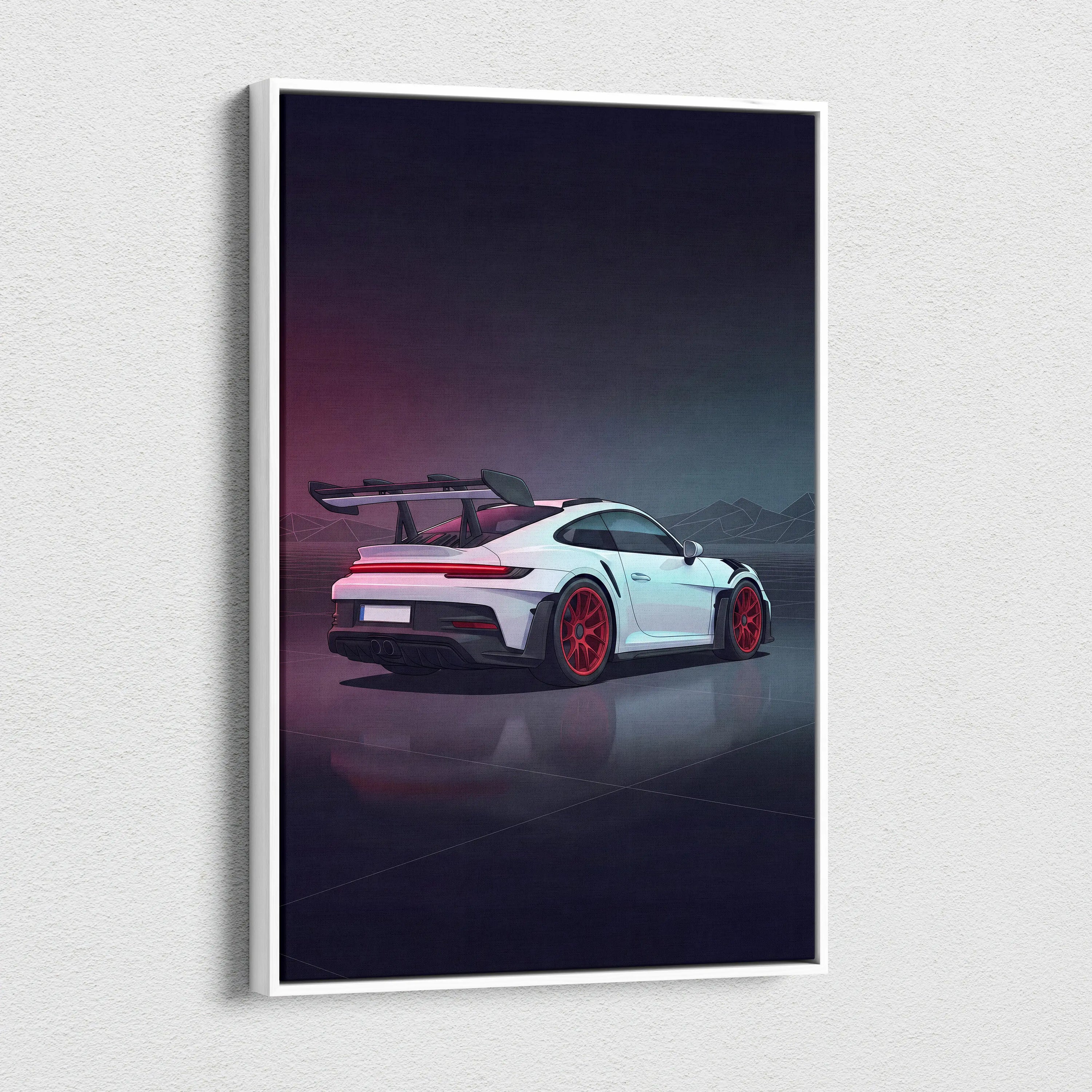 Porsche 911 GT3 RS Inspired White Red Canvas Wall Art, Vaporwave Track Car Artwork, Neon Garage Decor, Retro Futuristic Motorsport Print