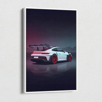 Porsche 911 GT3 RS Inspired White Red Canvas Wall Art, Vaporwave Track Car Artwork, Neon Garage Decor, Retro Futuristic Motorsport Print