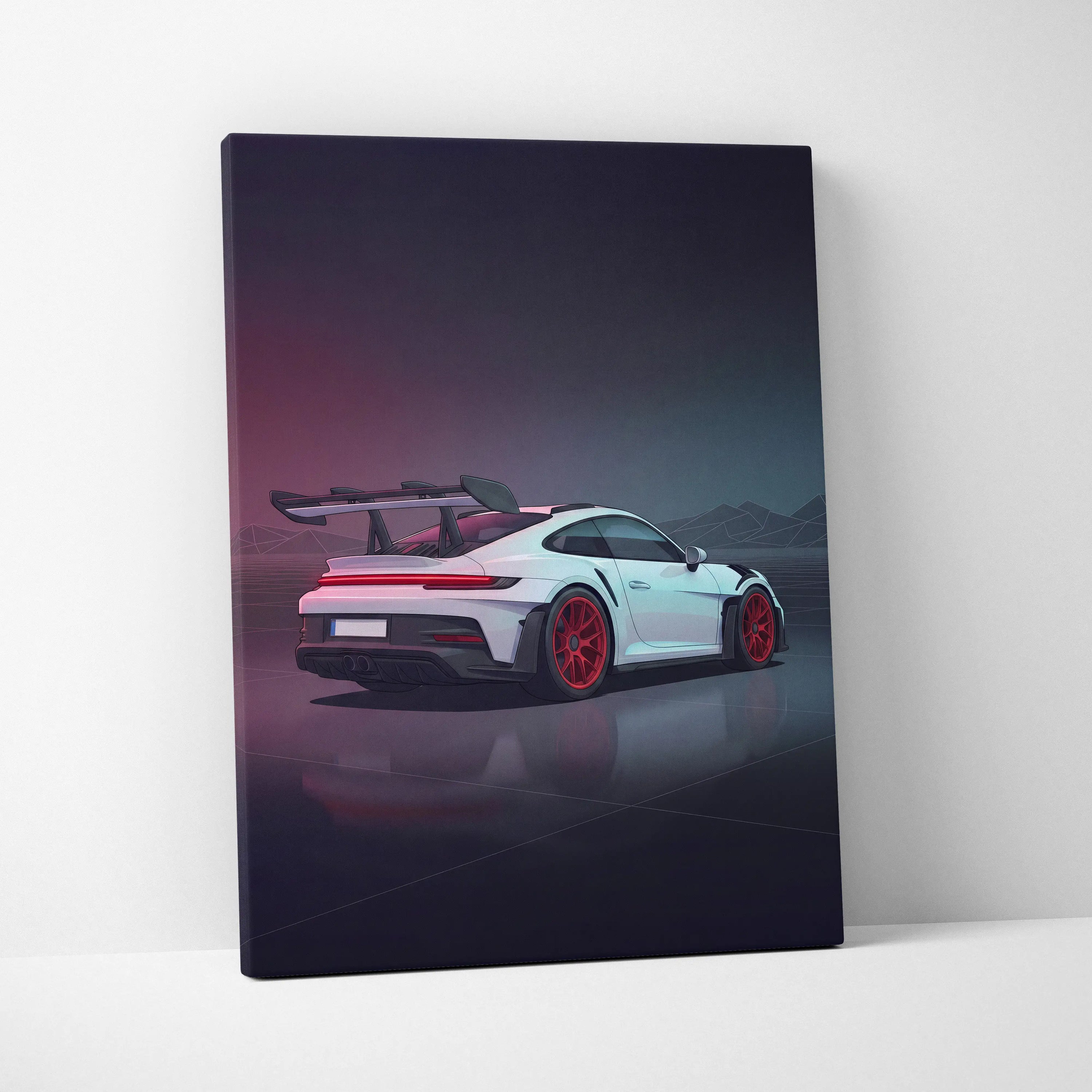 Porsche 911 GT3 RS Inspired White Red Canvas Wall Art, Vaporwave Track Car Artwork, Neon Garage Decor, Retro Futuristic Motorsport Print