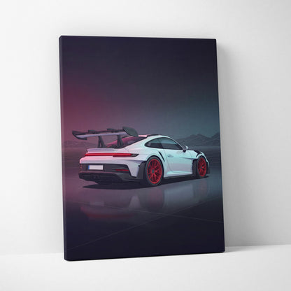 Porsche 911 GT3 RS Inspired White Red Canvas Wall Art, Vaporwave Track Car Artwork, Neon Garage Decor, Retro Futuristic Motorsport Print