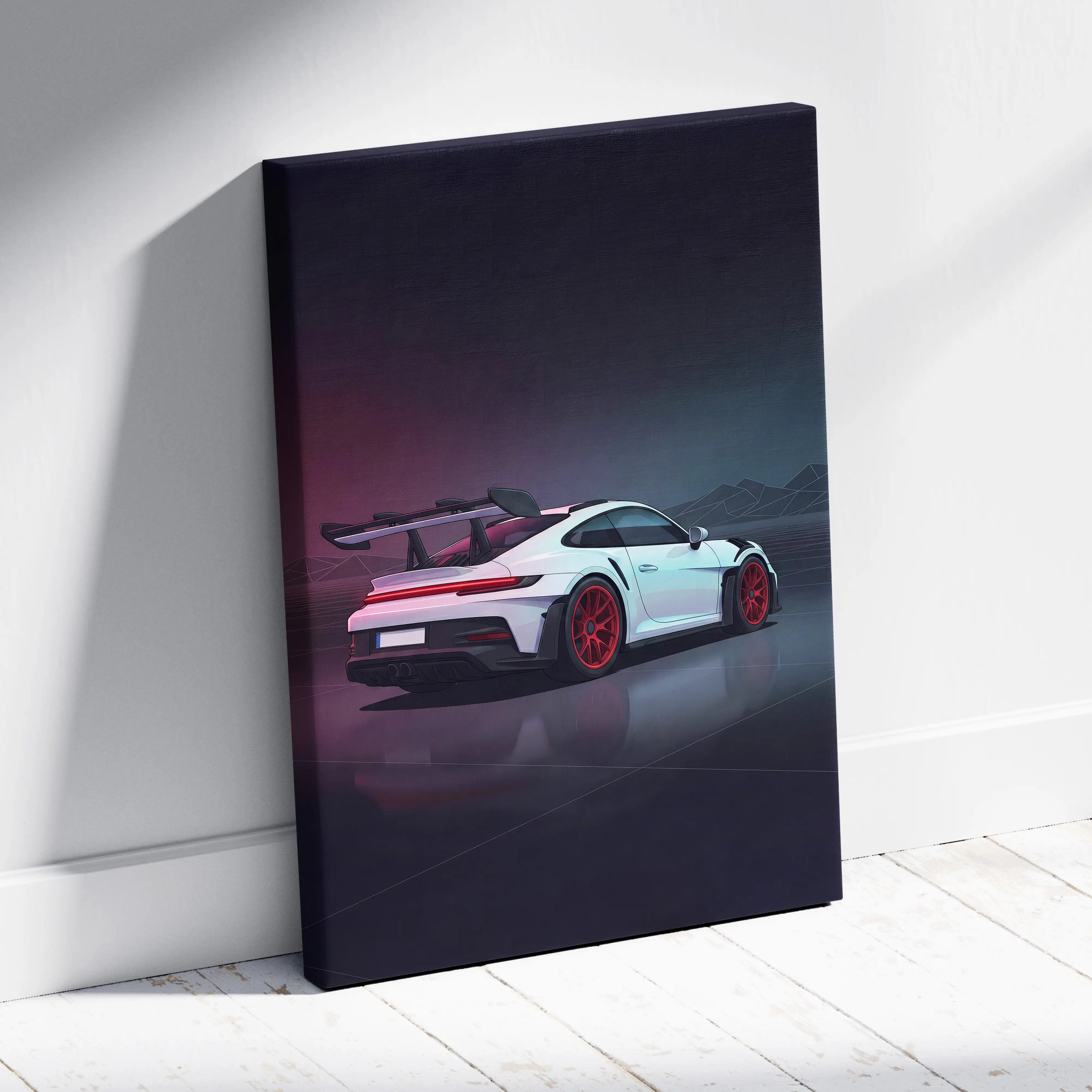 Porsche 911 GT3 RS Inspired White Red Canvas Wall Art, Vaporwave Track Car Artwork, Neon Garage Decor, Retro Futuristic Motorsport Print
