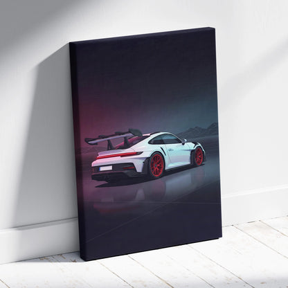 Porsche 911 GT3 RS Inspired White Red Canvas Wall Art, Vaporwave Track Car Artwork, Neon Garage Decor, Retro Futuristic Motorsport Print