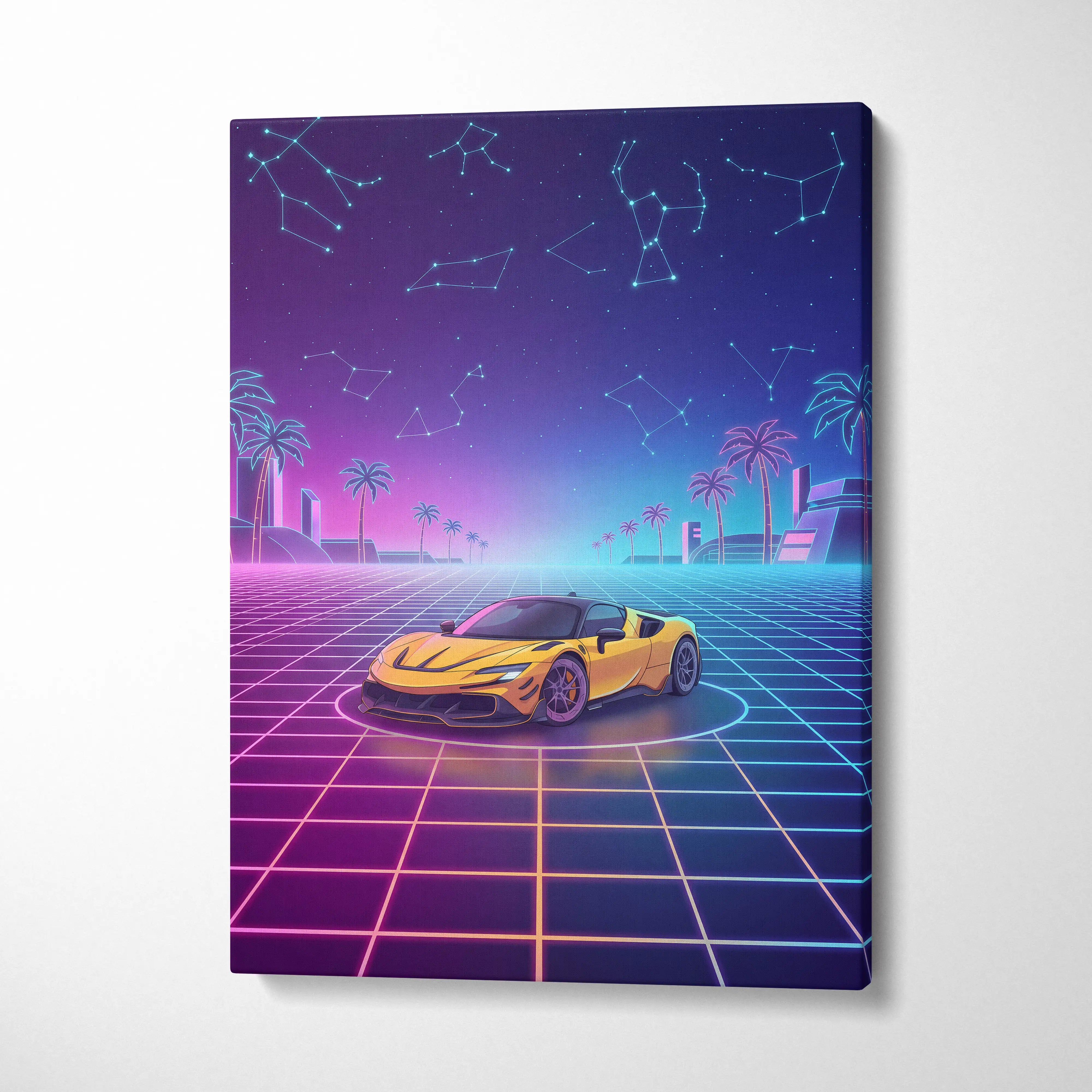 Ferrari SF90 Stradale Inspired Canvas Wall Art - Vaporwave Exotic Hybrid Supercar Decor with Neon Performance Style
