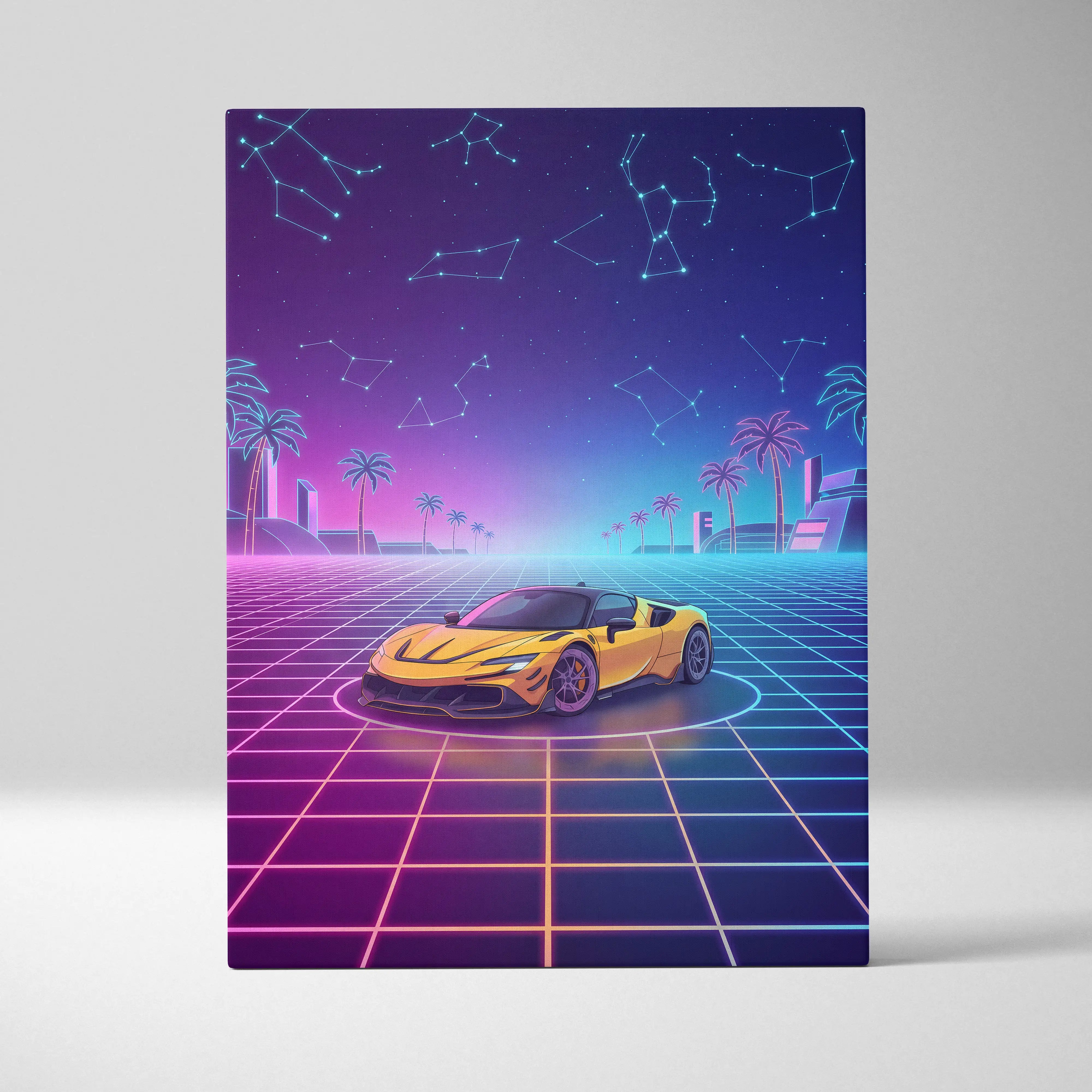 Ferrari SF90 Stradale Inspired Canvas Wall Art - Vaporwave Exotic Hybrid Supercar Decor with Neon Performance Style
