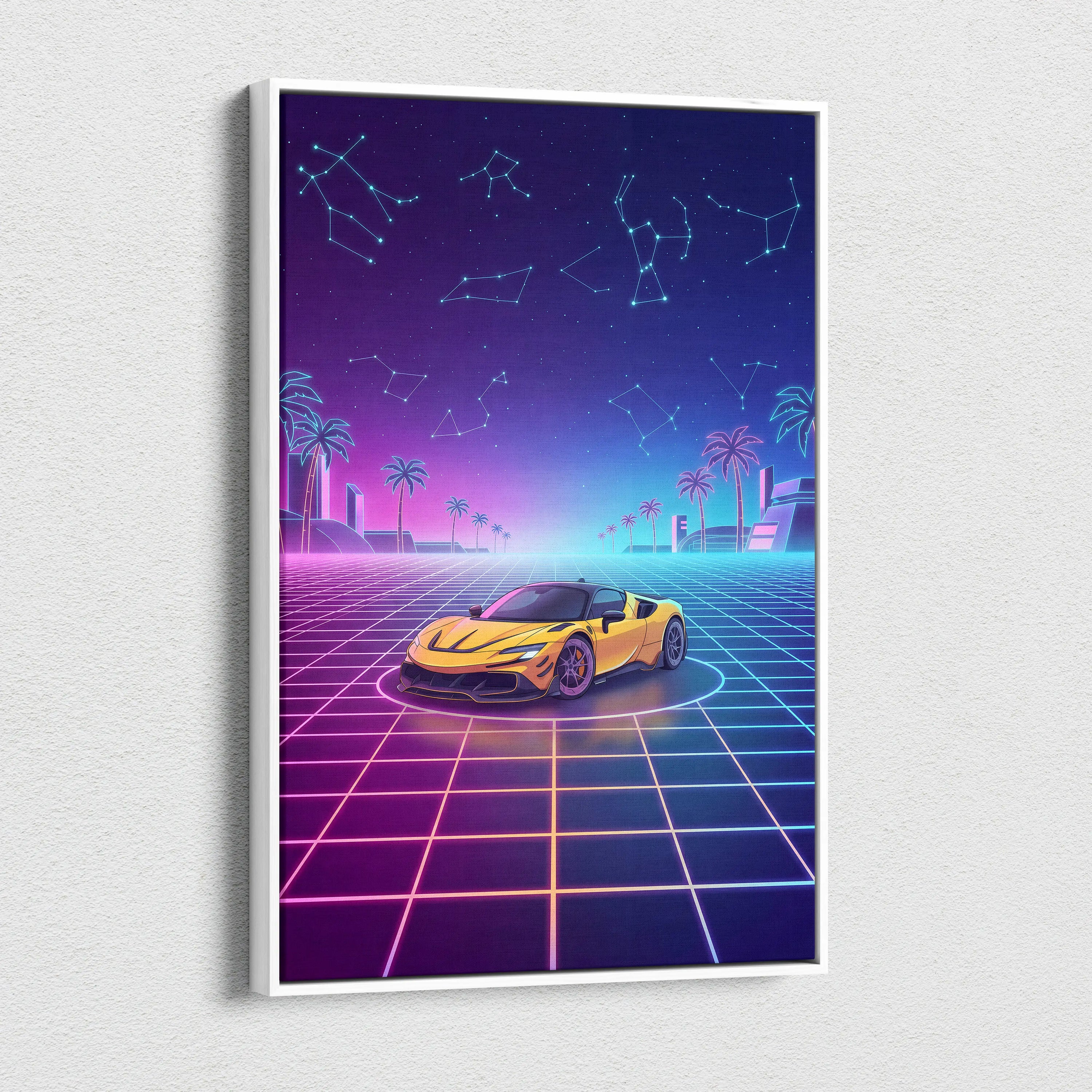 Ferrari SF90 Stradale Inspired Canvas Wall Art - Vaporwave Exotic Hybrid Supercar Decor with Neon Performance Style