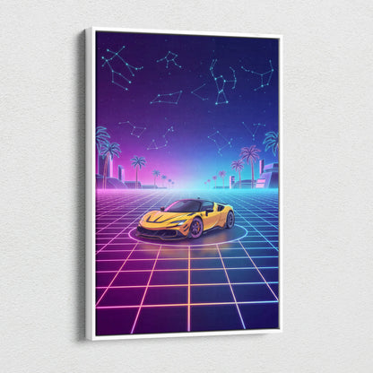 Ferrari SF90 Stradale Inspired Canvas Wall Art - Vaporwave Exotic Hybrid Supercar Decor with Neon Performance Style