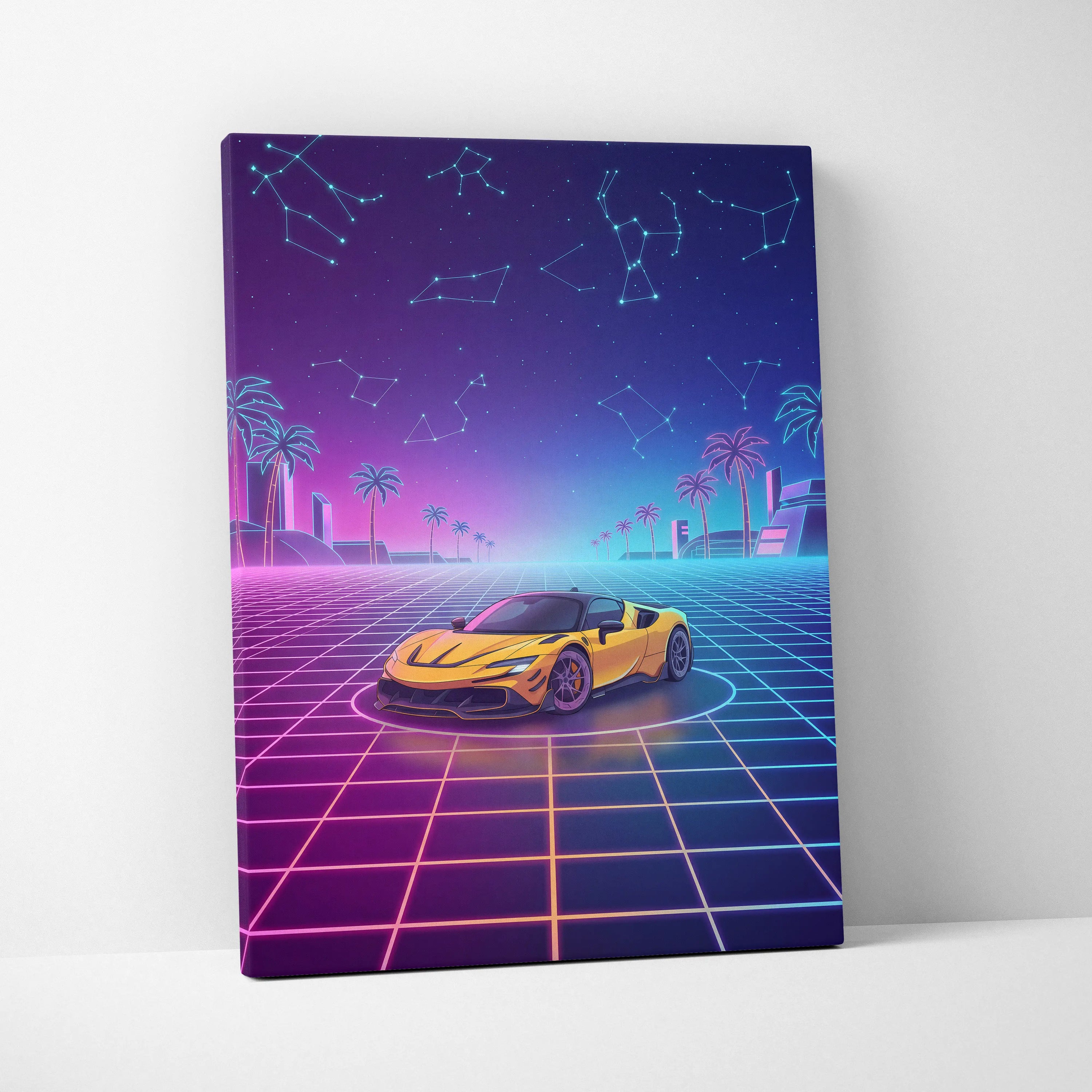 Ferrari SF90 Stradale Inspired Canvas Wall Art - Vaporwave Exotic Hybrid Supercar Decor with Neon Performance Style