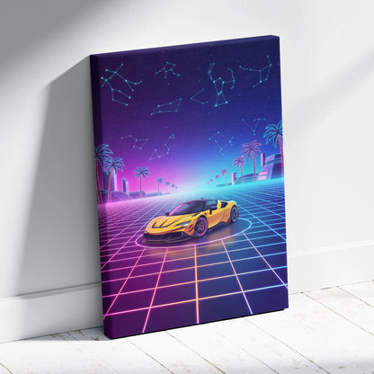 Ferrari SF90 Stradale Inspired Canvas Wall Art - Vaporwave Exotic Hybrid Supercar Decor with Neon Performance Style