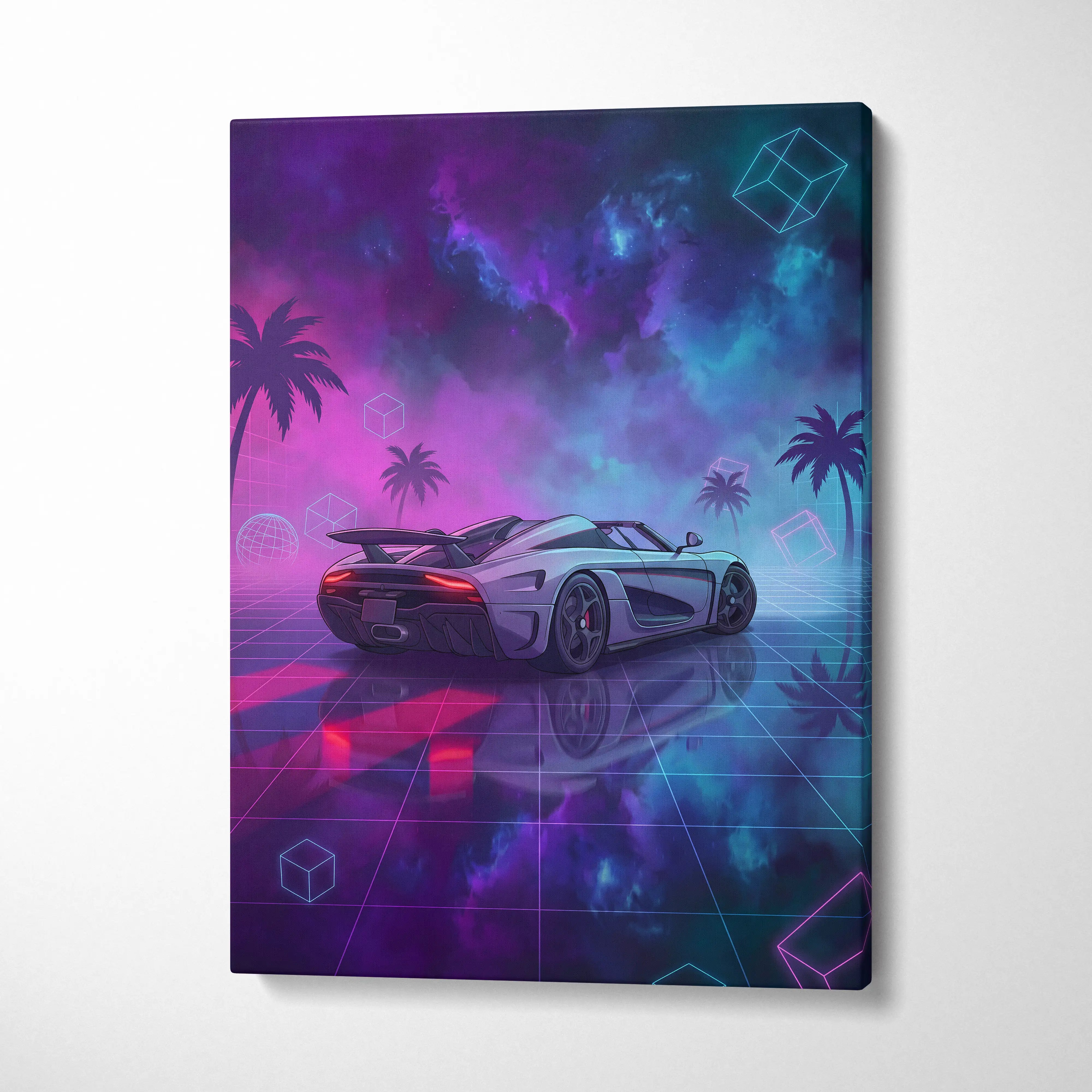 Koenigsegg Agera RS Inspired White Purple Canvas Wall Art, Vaporwave Hypercar Artwork, Neon Grid Garage Decor, Retro Futuristic Exotic Car Print
