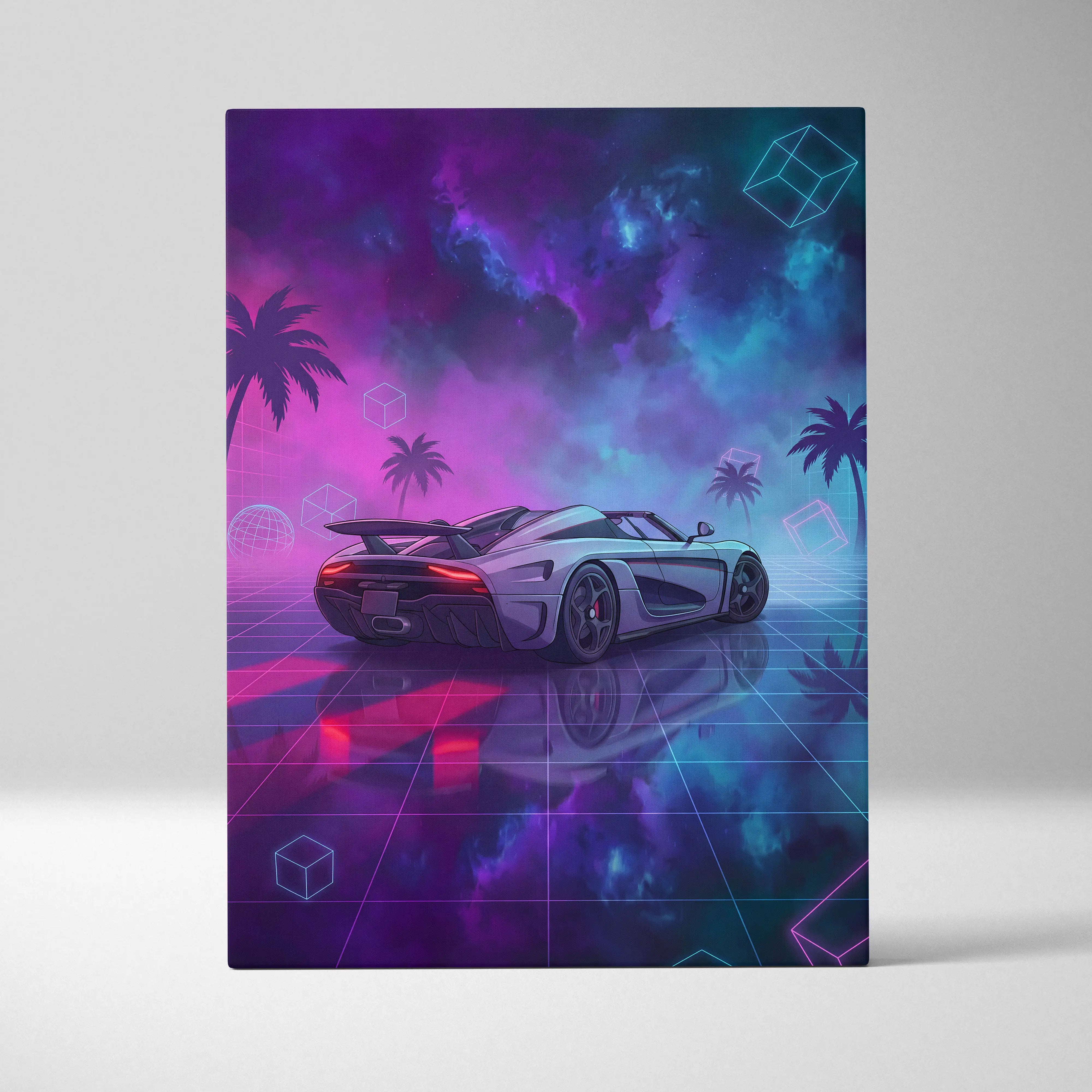Koenigsegg Agera RS Inspired White Purple Canvas Wall Art, Vaporwave Hypercar Artwork, Neon Grid Garage Decor, Retro Futuristic Exotic Car Print