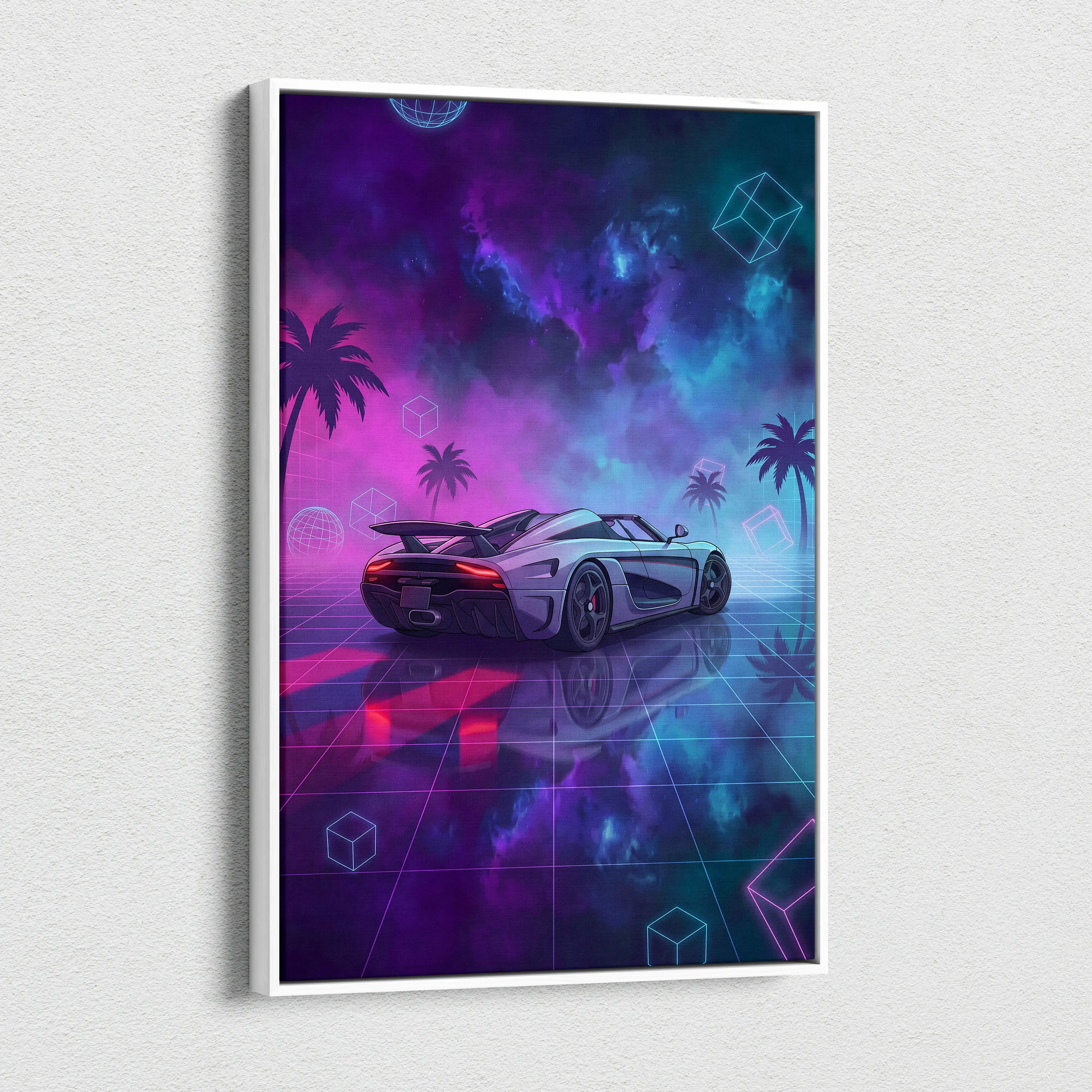 Koenigsegg Agera RS Inspired White Purple Canvas Wall Art, Vaporwave Hypercar Artwork, Neon Grid Garage Decor, Retro Futuristic Exotic Car Print