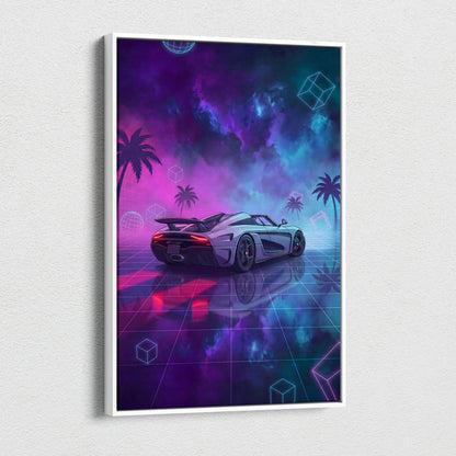 Koenigsegg Agera RS Inspired White Purple Canvas Wall Art, Vaporwave Hypercar Artwork, Neon Grid Garage Decor, Retro Futuristic Exotic Car Print