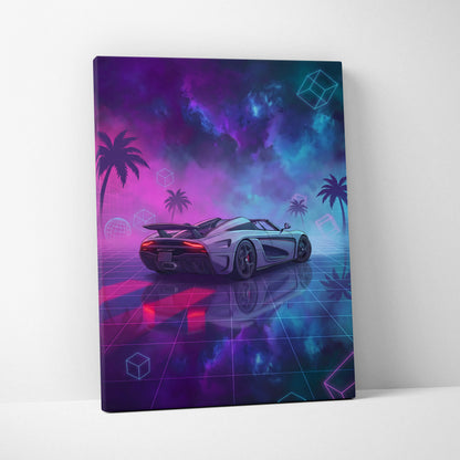 Koenigsegg Agera RS Inspired White Purple Canvas Wall Art, Vaporwave Hypercar Artwork, Neon Grid Garage Decor, Retro Futuristic Exotic Car Print
