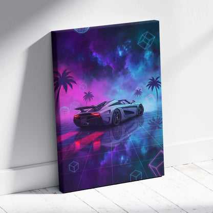 Koenigsegg Agera RS Inspired White Purple Canvas Wall Art, Vaporwave Hypercar Artwork, Neon Grid Garage Decor, Retro Futuristic Exotic Car Print