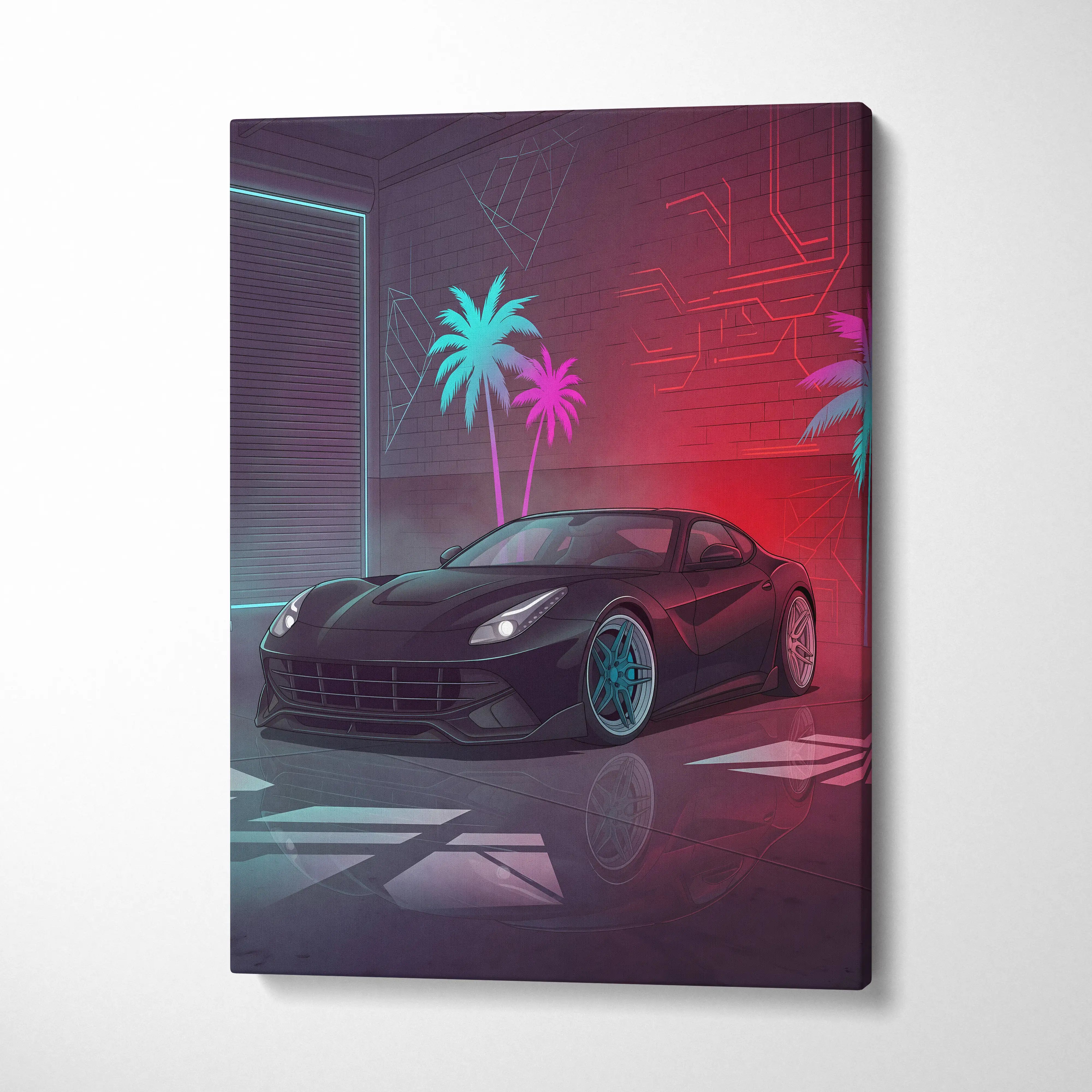 Ferrari F12 Inspired Black Red Canvas Wall Art, Vaporwave Sports Car Artwork, Neon Palm Garage Decor, Retro Futuristic Exotic Car Print