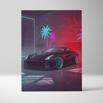 Ferrari F12 Inspired Black Red Canvas Wall Art, Vaporwave Sports Car Artwork, Neon Palm Garage Decor, Retro Futuristic Exotic Car Print
